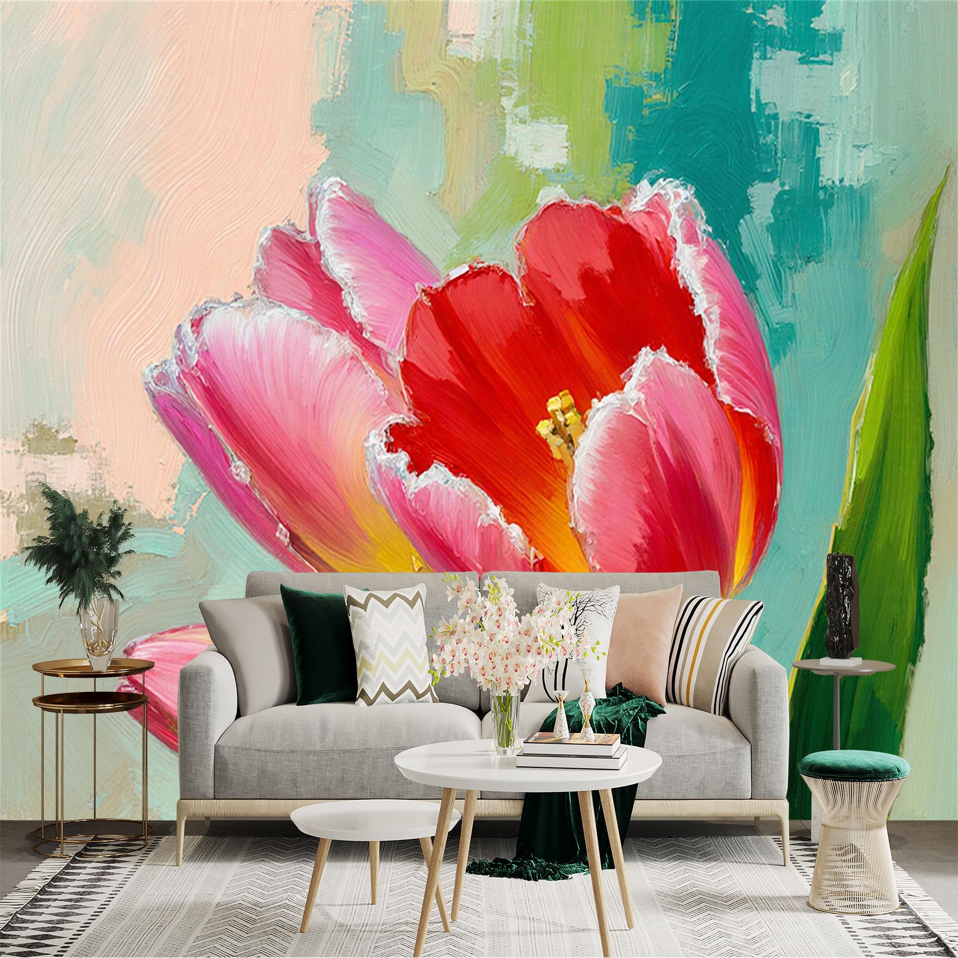Custom Size Wall Sticker Mural， Impressionist Red and Pink Tulips， Vibrant Floral Oil Painting Art， for wall Decoration， peelandstick wall Decals.