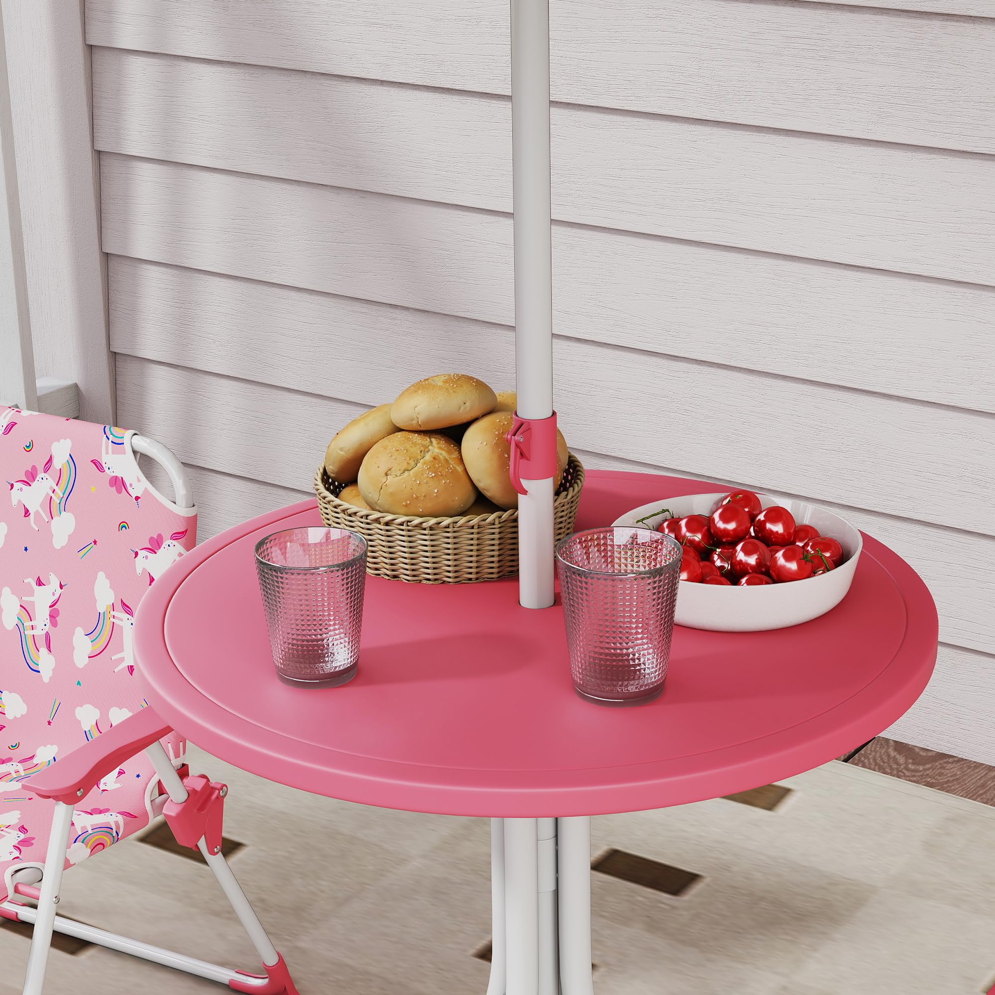 AIYAPLAY Conjunto de Mesa y Sillas Infantil de Jardín de 4 Piezas, Mesa Infantil con Sillas Plegables, Sombrilla Desmontable, Diseño de Unicornios y Arcoíris, para Patio, Pícnic, Rosa — view 8