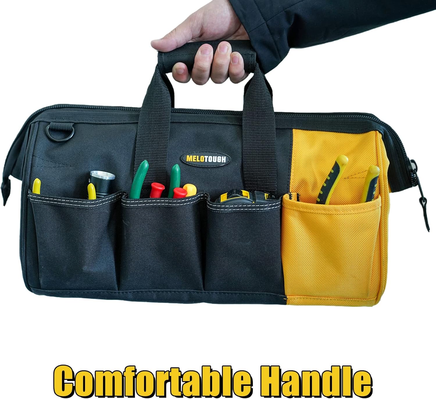 Tool Bag With Shoulder Strap Open Top Wide Mouth Storage Tradesman Tool Organizer Bag (16 inch, Yellow)