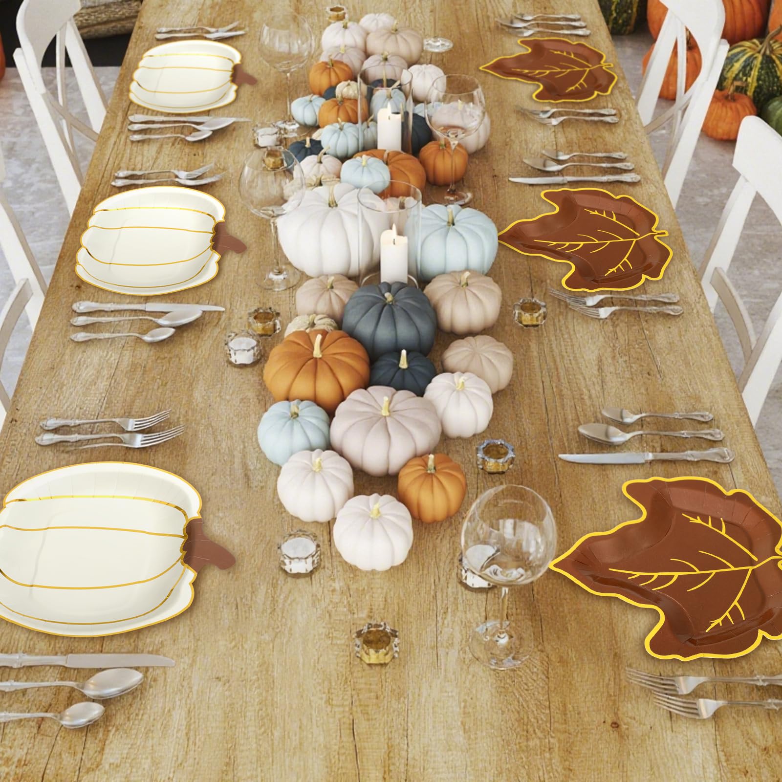 Mimorou Lot de 100 assiettes jetables en carton pour l'automne, Thanksgiving, la récolte de l'automne, la fête de la récolte de l'automne, la vaisselle de fête en feuille d'or en forme de citrouille