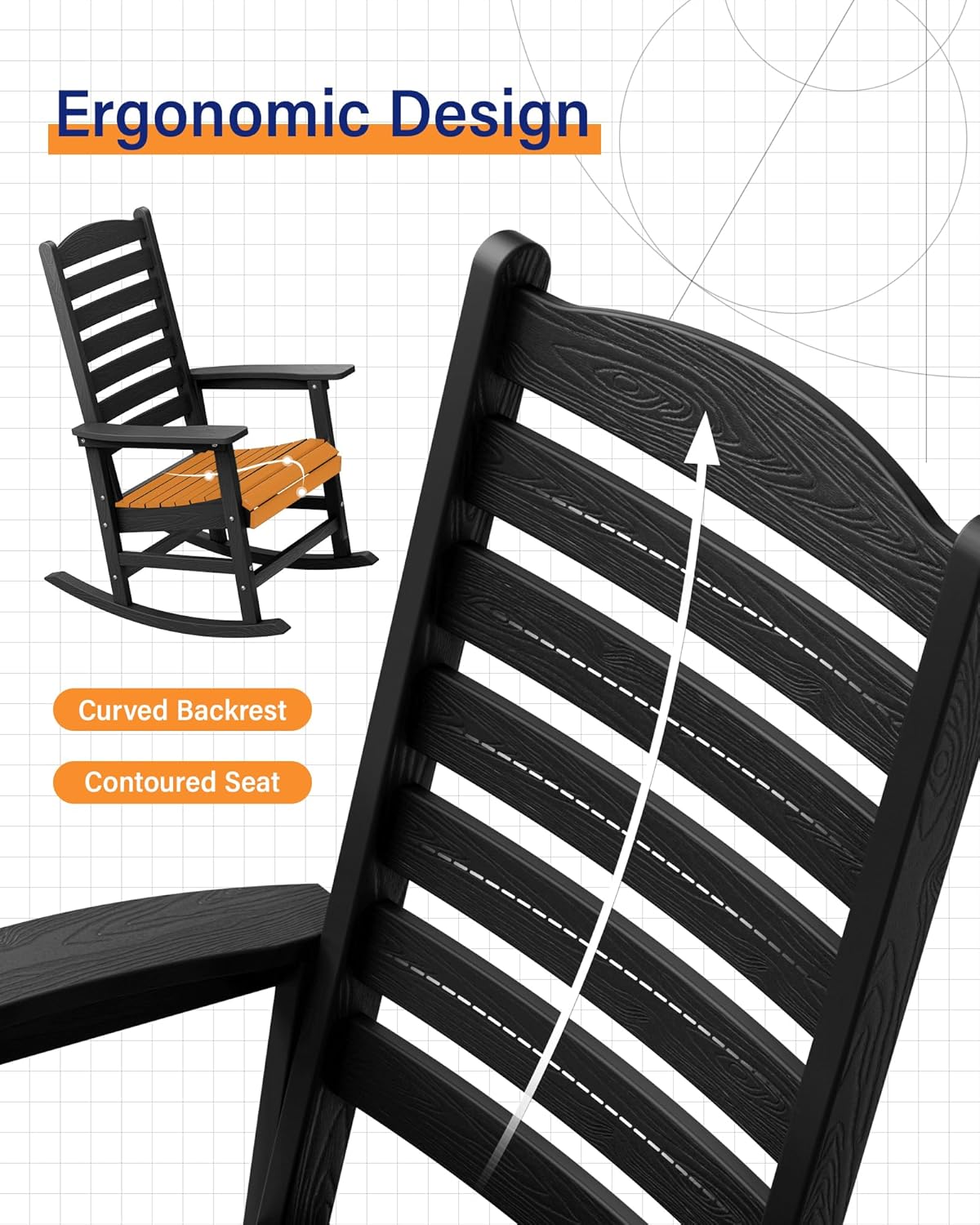 YEFU Outdoor Rocking Chair with Curved Backrest, Poly Porch Rocker, Weather Resistance Patio Rocking Chair,Like Real Wood,for Indoor,Lawn, Backyard,Garden,Heavy Duty, Weight Capacity 380lbs(Black)