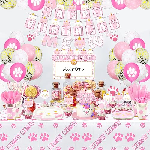 Miniatura 8 de 218 globos de gato, pancarta de cumpleaños, guirnalda MEOW, letrero colgante de bricolaje, decoración de pastel, platos, servilletas, tazas y mantel