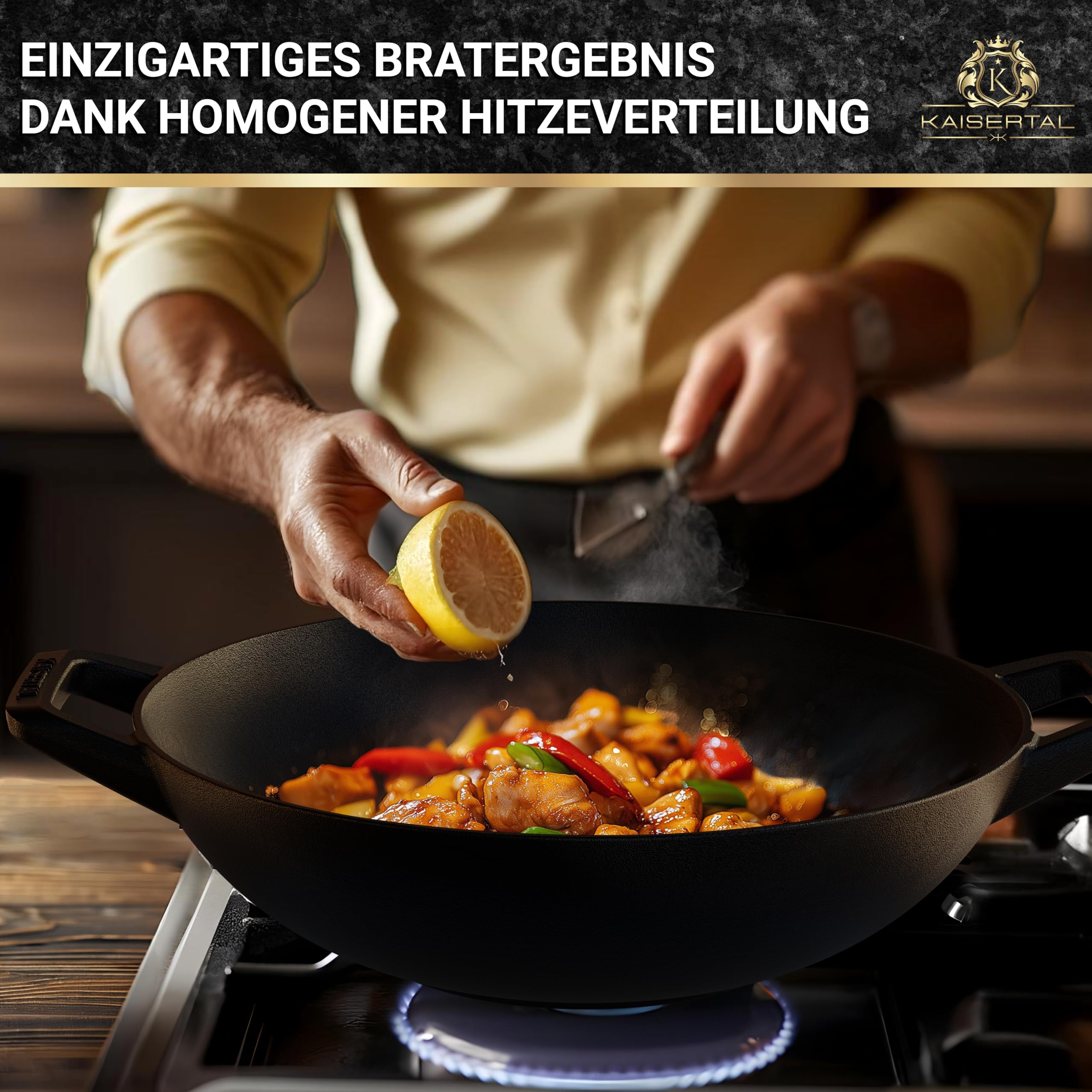 KAISERTAL® Gusseisenpfanne 32cm – Gusspfanne Induktion & Cast Iron Pan – Gusseisen Pfannen für Indoor & Outdoor, Backofengeeignet, voreingebrannt, Robuste Iron Cast Pan für Braten, Schmoren & Grillen