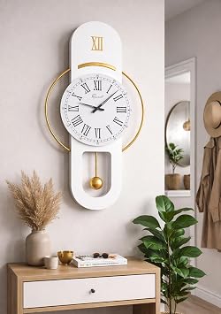 Hareketli sarkaç, Cam Yüzeyli, Metal halkalı, Dekoratif Duvar Saati - ROMA 70CM (BEYAZ GOLD)