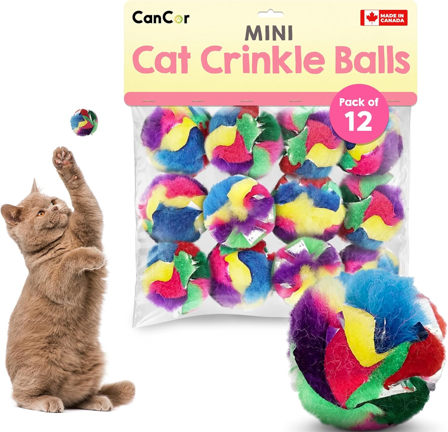 Cat Crinkle Balls 1.5 Inch (12-Pack) – Mini Crinkle Cat Toys for Indoor Cats – Multi-Color Crinkle Cat Toy – Cat Toys Crinkle Balls to Keep Fit and Active – Canadian-Made Crinkle Balls for Cats