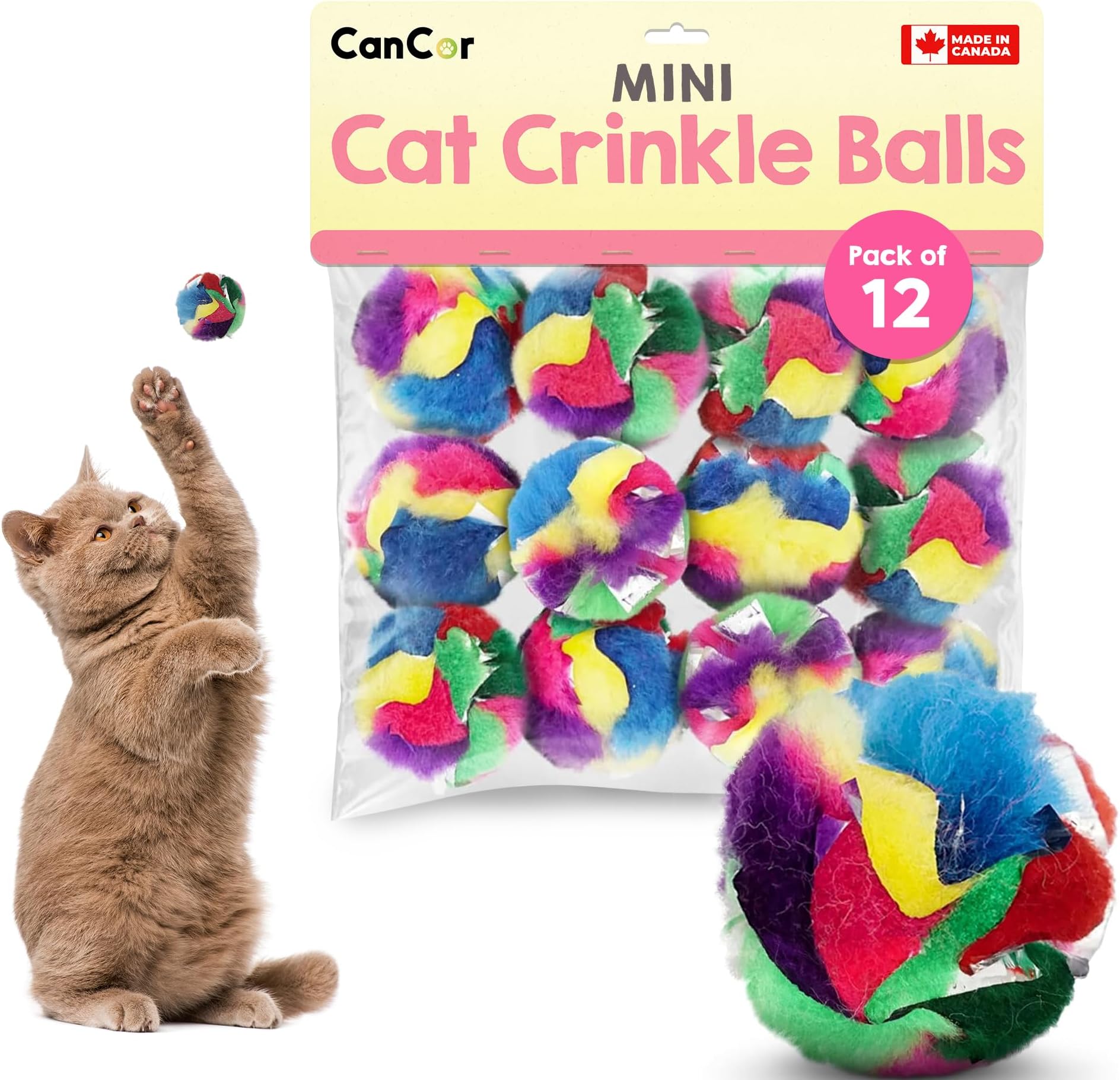 Cat Crinkle Ball Toy โ 12-Pack of 1.5" Soft, Lightweight Kitten and Cat Toys โ Sparkly, Crinkly, Durable, Safe and Interactive for Indoor Play, Batting, Chasing, Fetch, Training and Daily Exercise