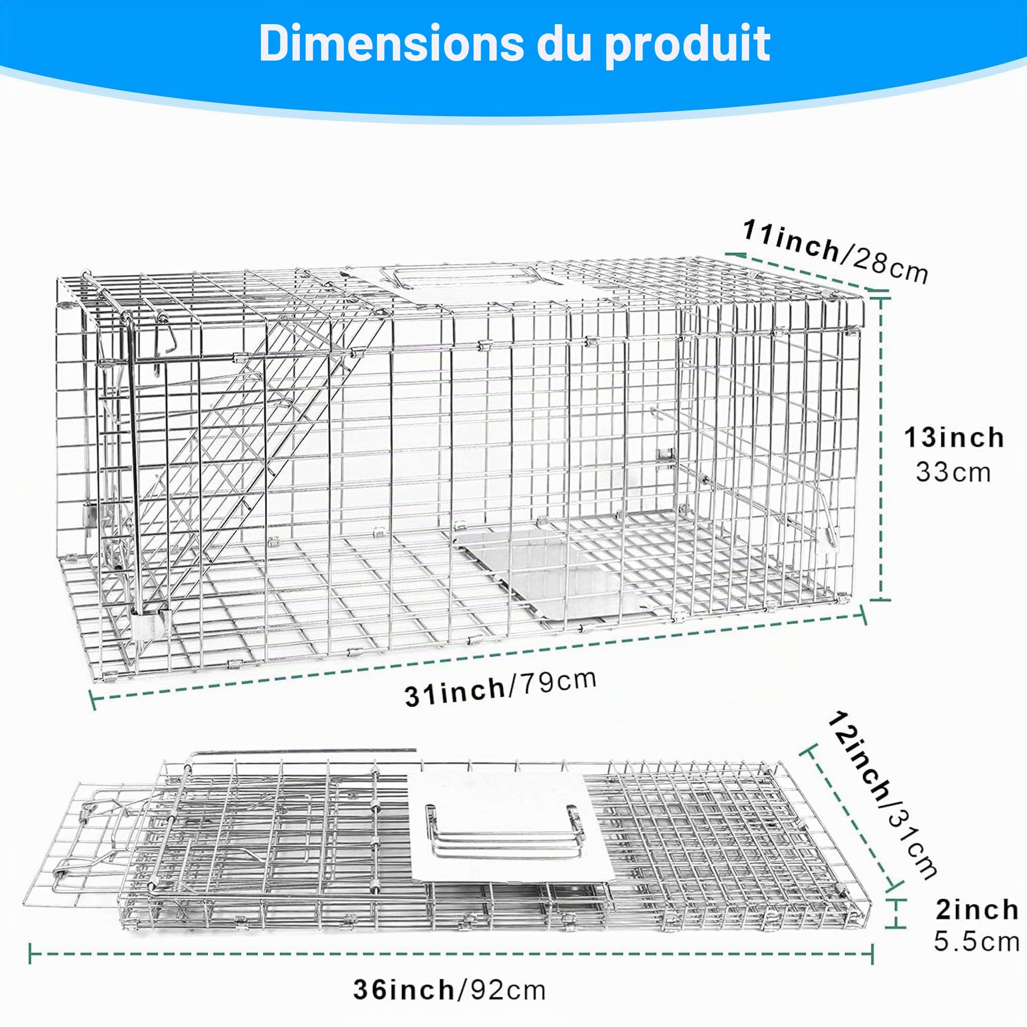 Pièges à Chat - Piège Animalier Vivant - Piège de Capture Animaux sans Cruauté, Pliable, Grand piège à martre pour Chat, Renard, Rat - 79 x 33 x 28 cm