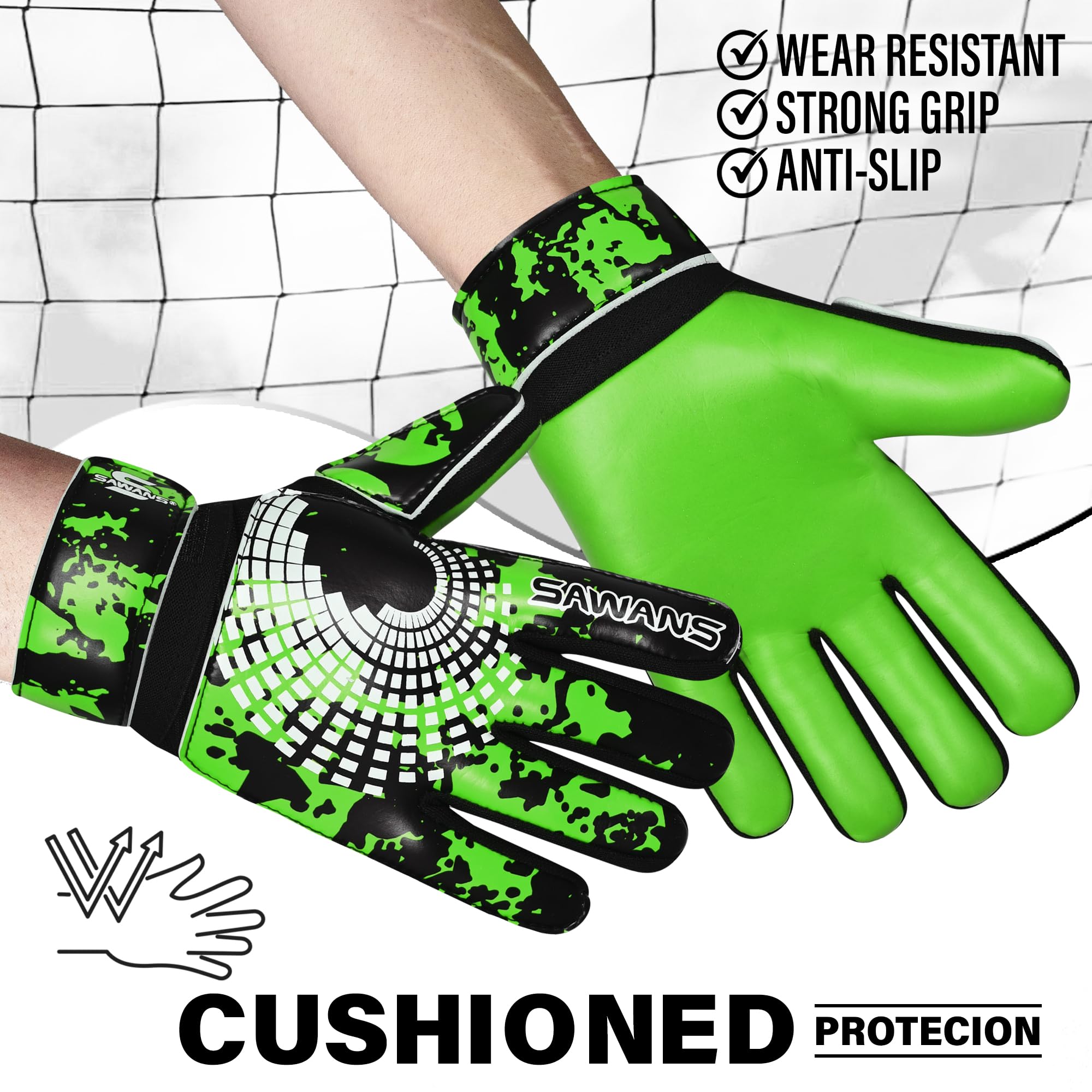 SAWANS Guanti da portiere da calcio per ragazzi, bambini, ragazzi, adulti, guanti da portiere con presa forte, palmo con supporto per il polso, antiscivolo