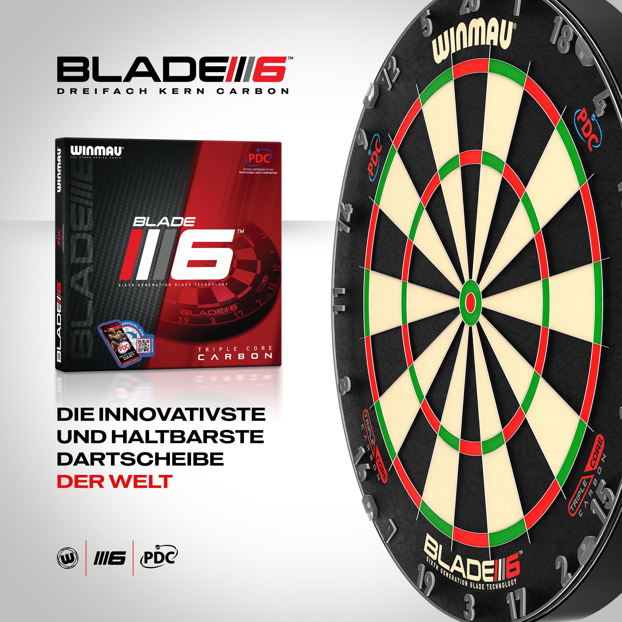WINMAU Blade 6 Triple Core Carbon Dartscheibe Steeldart Profi Dartboard – Offizielle Turnierspezifikationen, von der PDC empfohlen