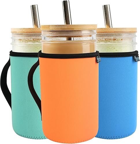 Beautyflier Vasos de Vidrio Tarros Mason de 24 onzas con Funda de Neopreno, Funda de Neopreno para Tarro Mason de Boca Regular, Aisladores con Asa