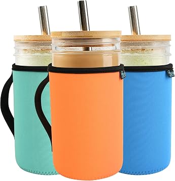 Beautyflier 24oz Mason Jars Drinking Glasses Neoprene Cover, Regular Mouth Mason Jar Neoprene Sleeve, 24oz Wide Mouth Mason Jars Insulators with Handle, Sleeve Only