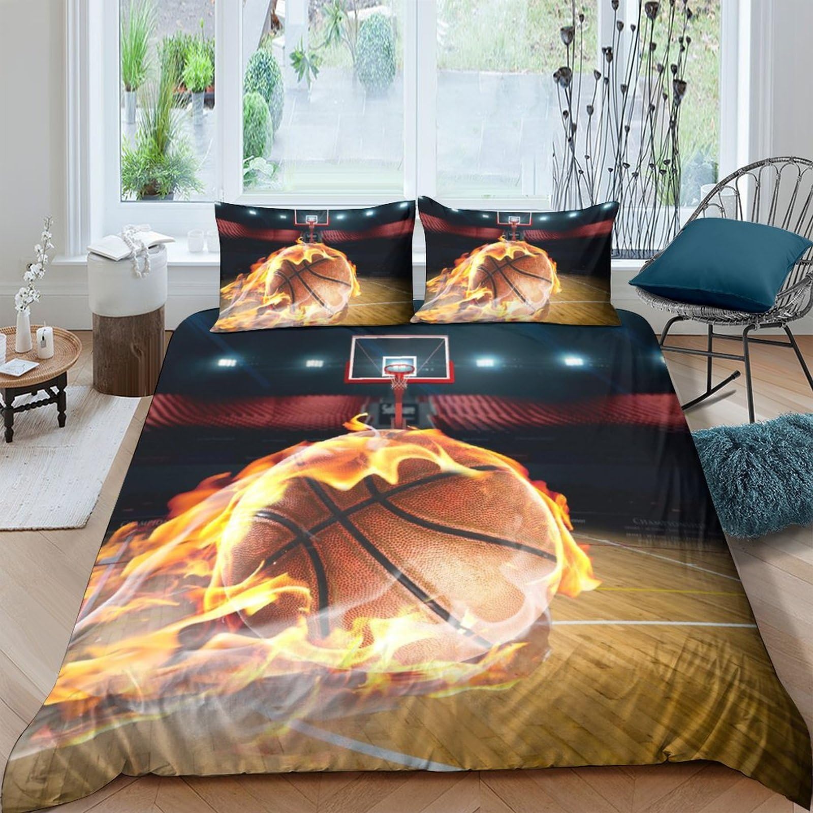 Ctjqhvkz Style-4 3D Printed Flaming Basketball Fitted Sheet Microfiber Soft Breathable Court Bed Cover For Bedroom Dorm Decor Single（135X200cm）