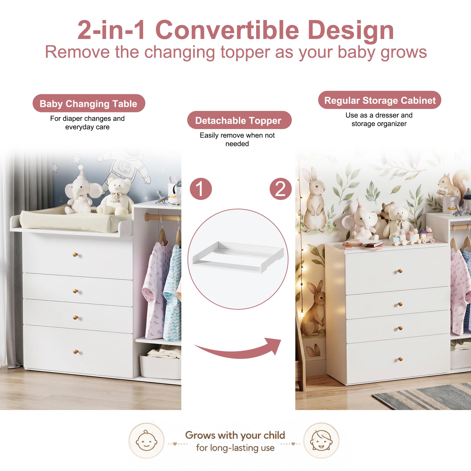 MSFE Cambiador Bebe con 4 Cajones, área para colgar ropa, Mueble Cambiador bebe, Cómoda cambiadors, Estantes laterales,No incluye cojín de mesa, 150x112x38cm, fino a 100KG, Dos paquetes