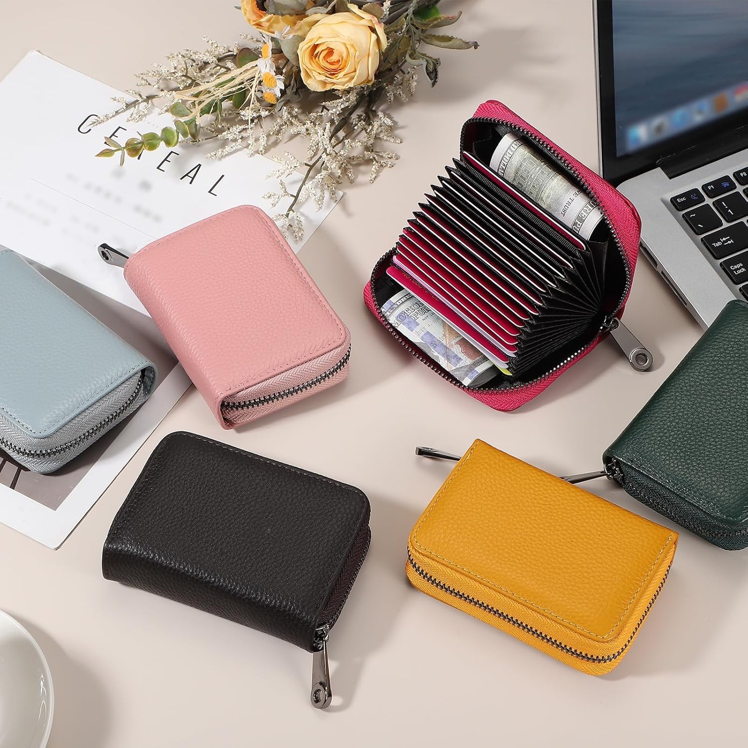 uxcell Leather Credit Card Holder, 20 Slots Small Accordion Zipper Wallet for Women and Men RFID Blocking Secure Organizer with Zipper, MultiFunctional Wallet for ID & Cards (Green) - Image 4