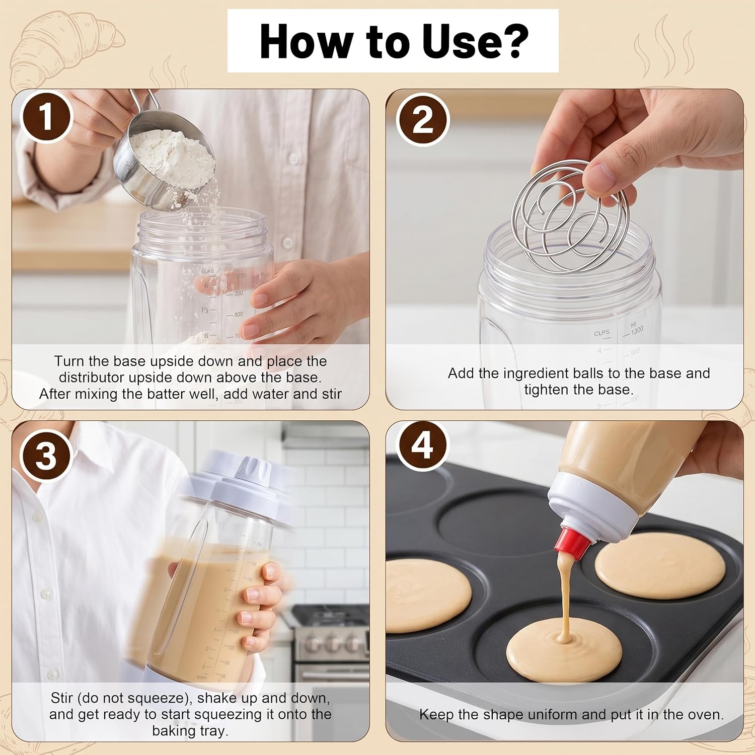 2PCS Pancake Batter Dispenser Bottles with Stainless Steel wire whisk Ball, 1000ml BPA-Free Pancake Squeeze Bottle Ideal for Pancakes Crepes Muffins Waffle Cupcakes