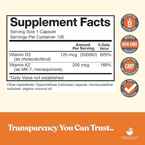 Miniatura 2 de American Standard Supplements Vitamina D3 5000 UI (125mcg) más vitamina K2 (MK7) 200mcg por cápsula - Sin gluten, sin OMG, 120 cápsulas, 120