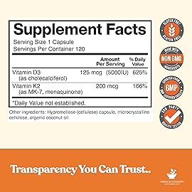 American Standard Supplements Vitamin D3 5000 IU (125mcg) Plus Vitamin K2 (MK7) 200mcg Per Capsule - Gluten Free, Non-GMO, 120 Capsules, 120 Servings, 120 Day Supply