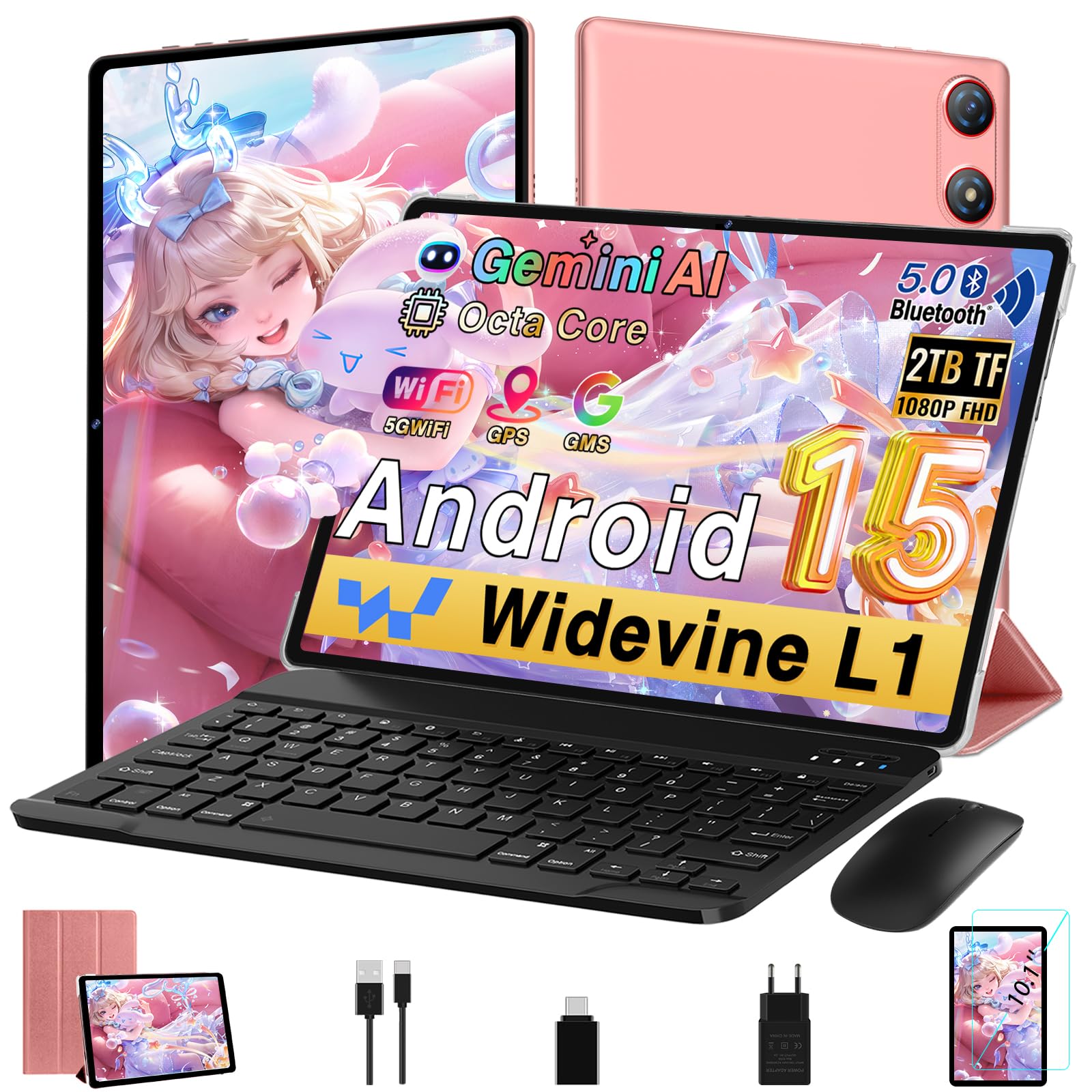 Android 15 Tablette 10 Pouces 64Go ROM + 2To TF, Gemini AI, 1280*800 FHD IPS, 5MP + 8MP, Octa-Core Veille Extra Longue, 5G WiFi, Widevine L1, Face ID, GMS, Bluetooth 5.0, Tablette avec clavier-Or Rose