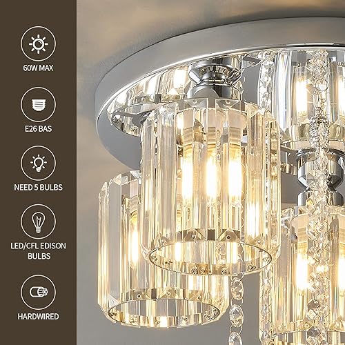 Miniatura 3 de zhllmq Lámpara de techo semiempotrada, 5 luces cerca del techo, lámpara moderna de cristal cromado para cocina, entrada, dormitorio, baño,
