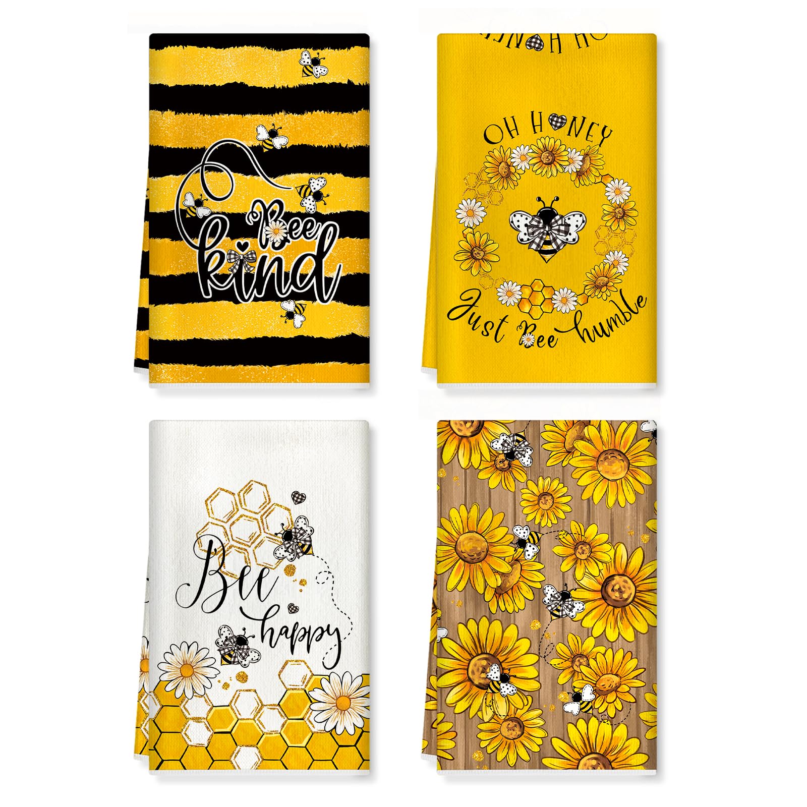 Set 4 Strofinacci Cucina Vintage, Motivo Ape Giallo, Canovacci Misto Cotone 380gsm Spessi e Assorbenti, Idea Regalo per la Casa Decorazione Cucina, 42x70 cm