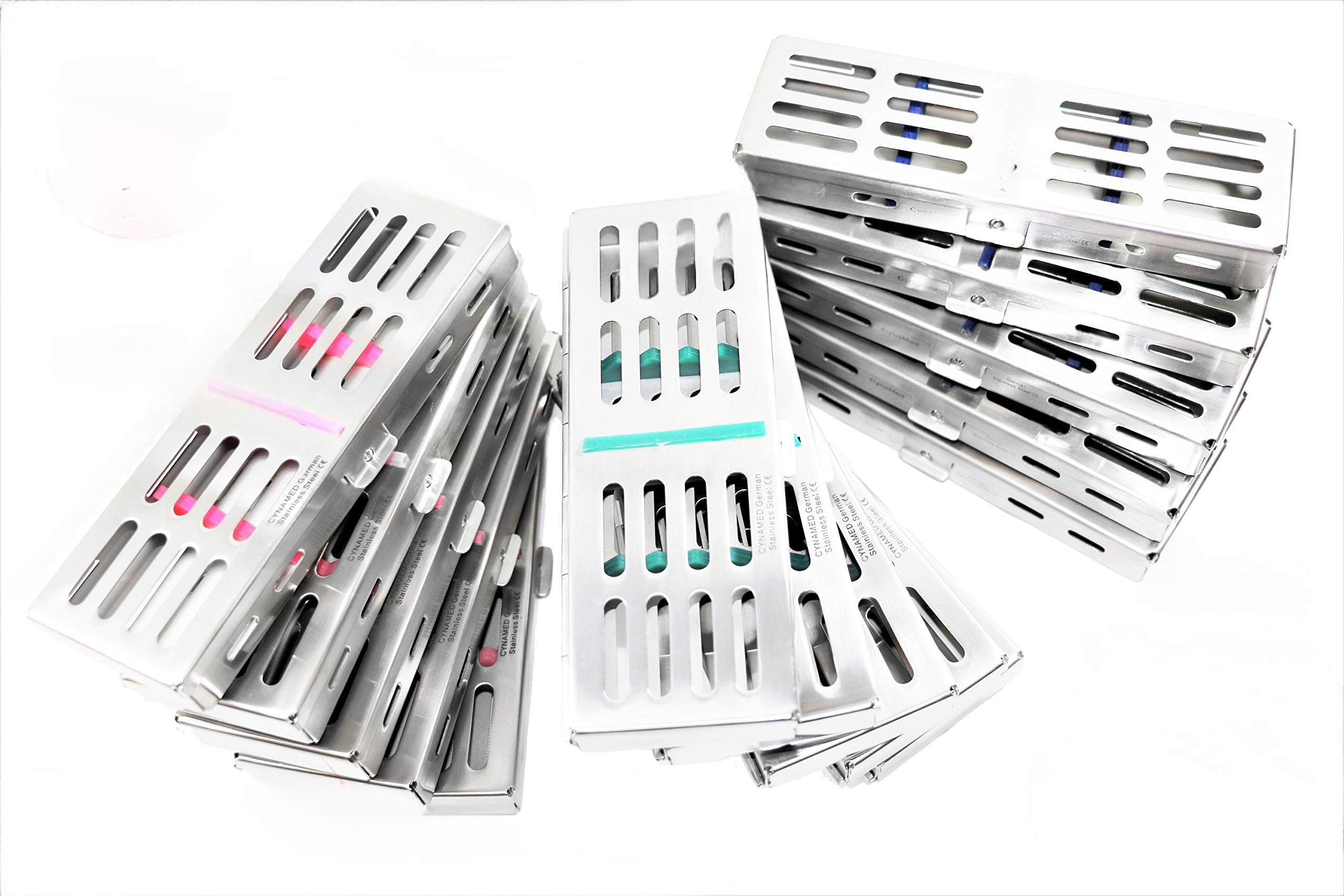 Set of 15 AUTOCLAVABLE Rack Tray for 5 Instruments, Dental, Veterinary | Green, Blue, Pink (CYNAMED)