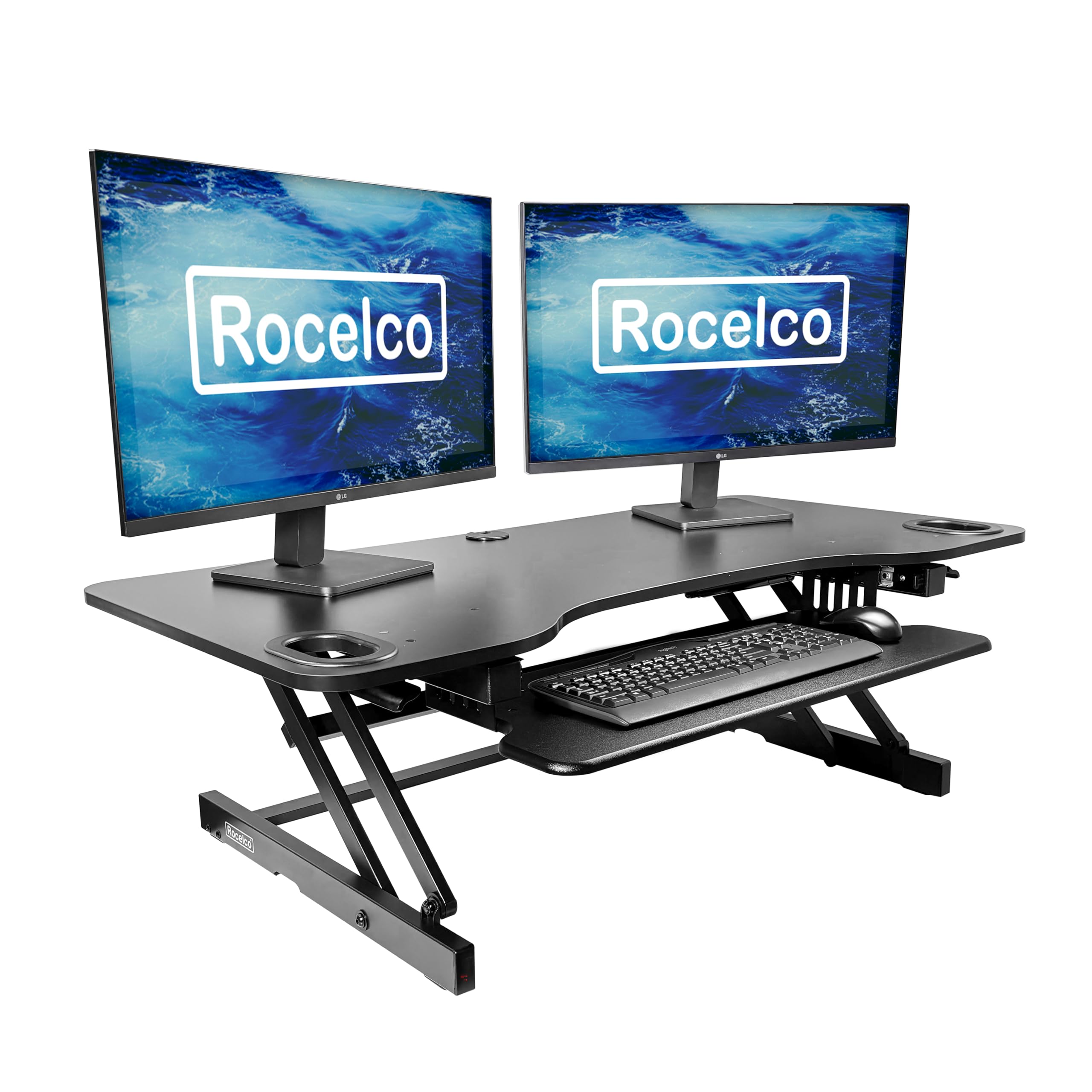 Rocelco 45" Height Adjustable Standing Desk Converter - Slide Out Retractable Keyboard Tray - Sit Stand Up Triple Monitor Riser - Dual Piston Lift Tabletop Computer Workstation - Black (R ADRB-45)