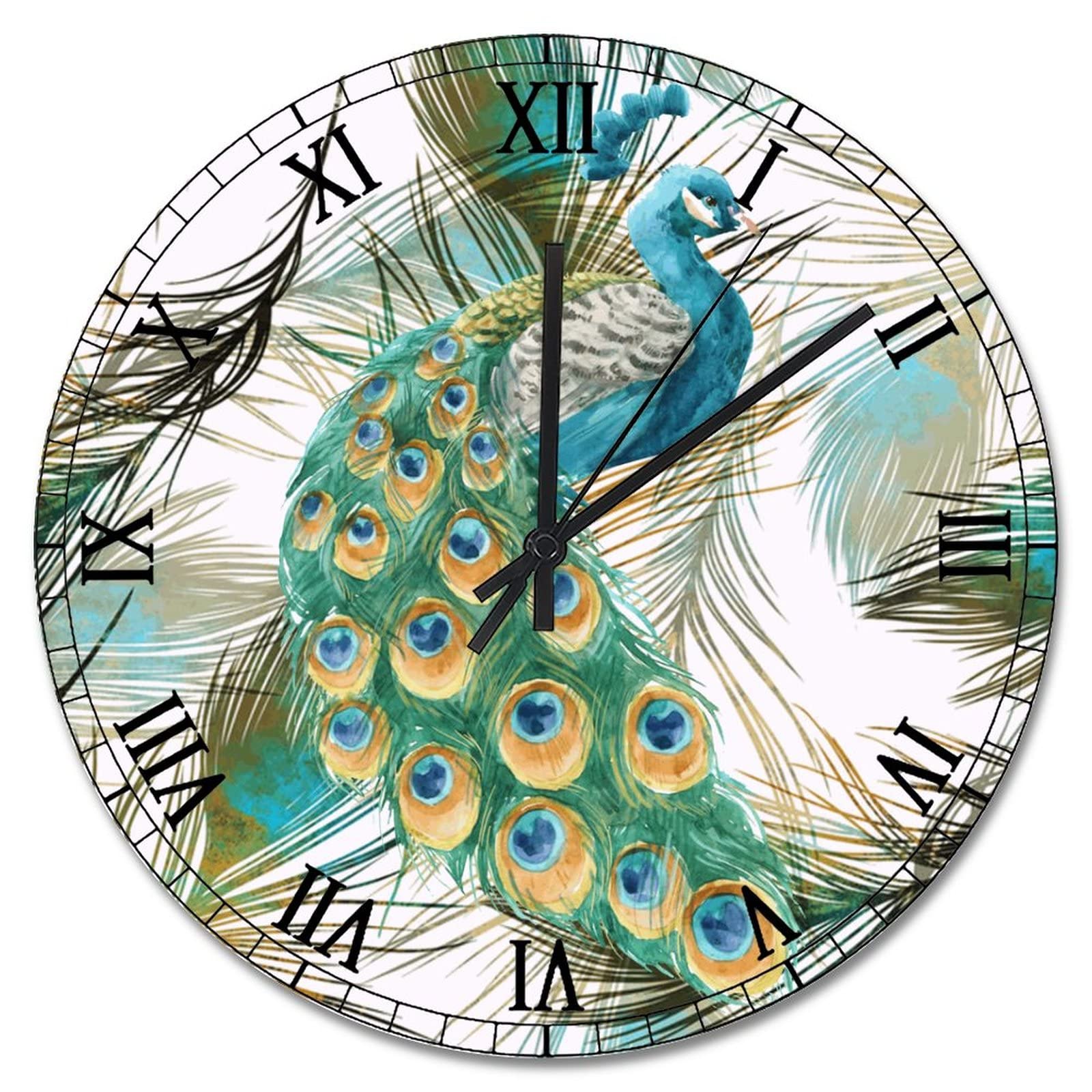 Horloge murale en bois paon de 38 cm style vintage pour salon