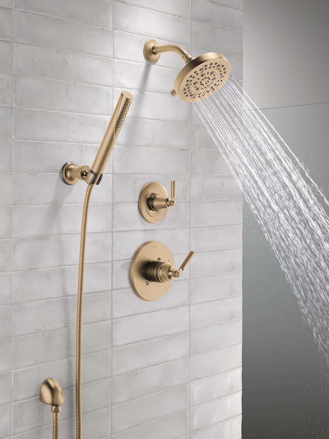 Delta Saylor 3-Setting Brushed Gold Shower System Including Shower Head, Handheld Shower, Shower Handle, Shower Diverter and Shower Valve Kit, Champagne Bronze