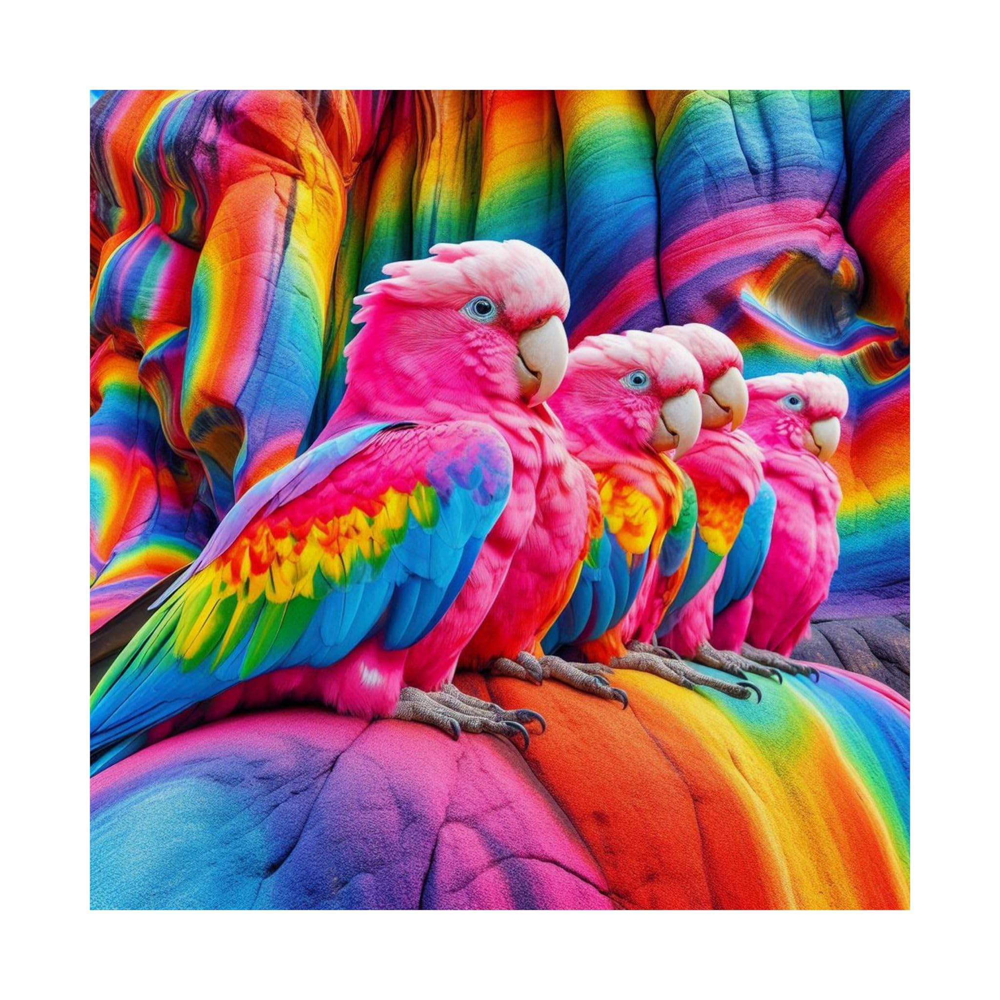 Vividly Colorful Pink Cockatoos Perched on Rainbow-Painted Rock Faces Matte Poster 18x18 Made in USA