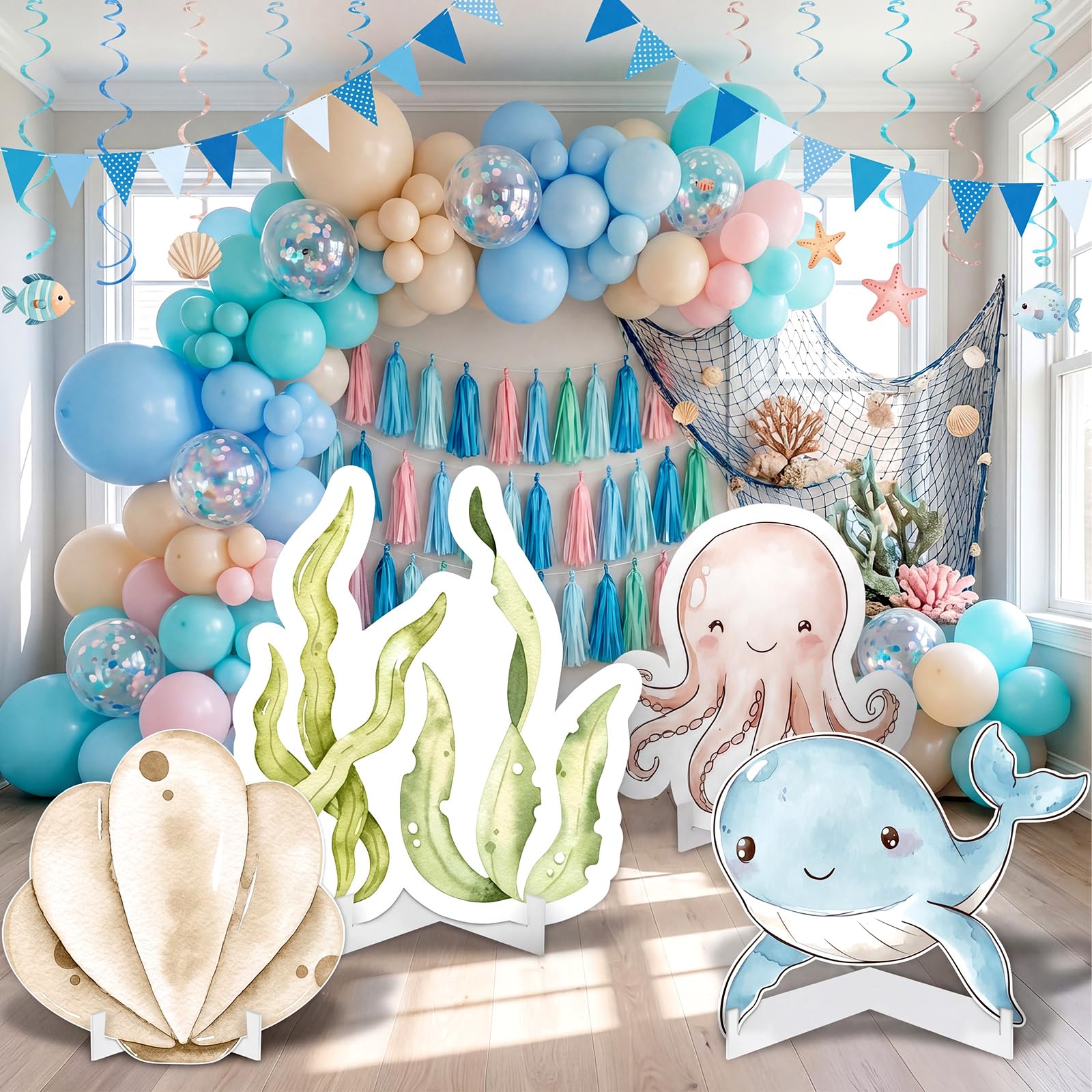 View 1 of **View Clerk Notes**Honoson 4 Pcs Large 32" Under The Sea Party Decorations Ocean Animal Shell Cardboard Cutouts Standup Baby Shower Backdrop Photo Props Sign for Marine Animal Birthday Party Decor