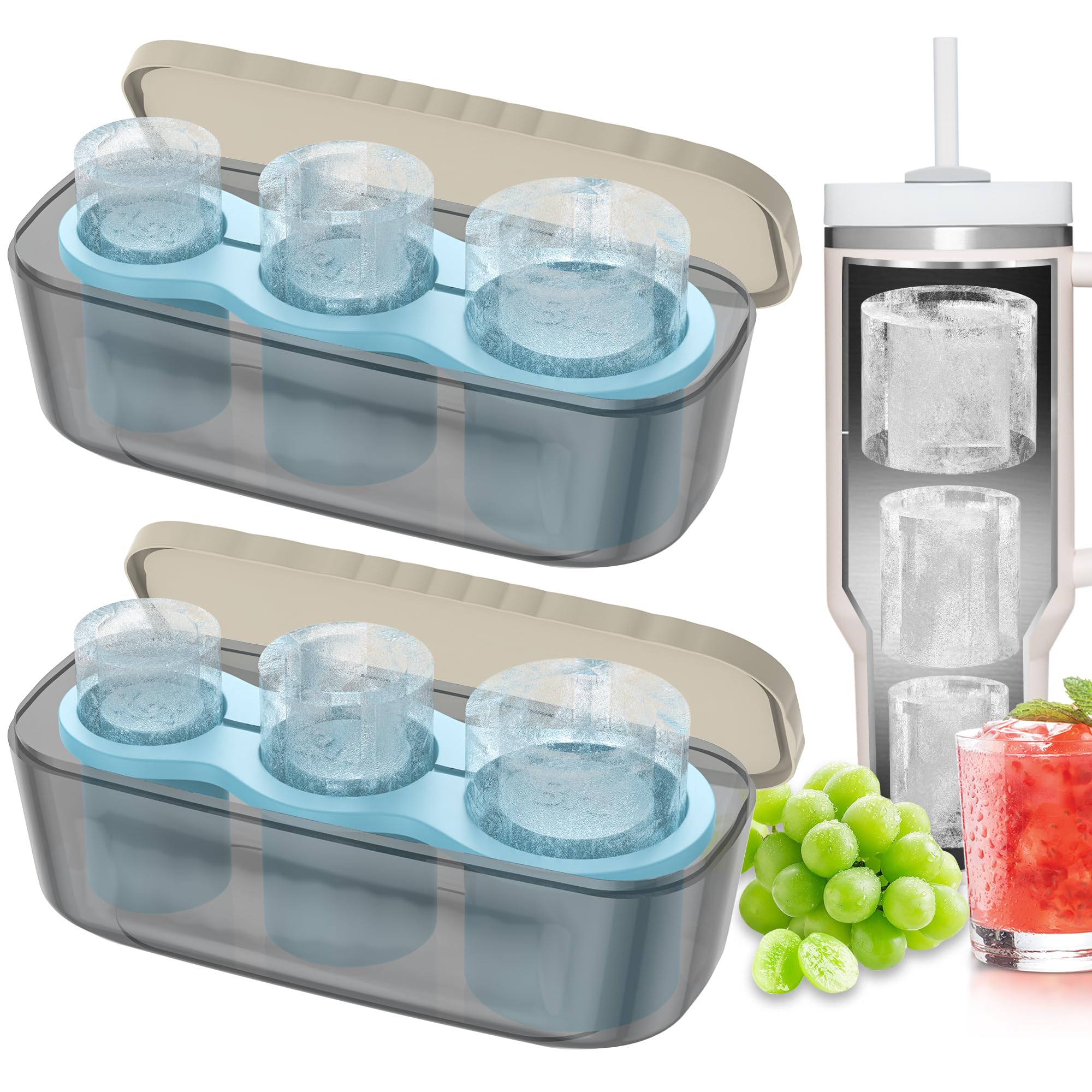 2Pcs Stanley Cup Ice Cube Mold for Making 3 Hollow Cylinder large silicone freezer trays 40 Oz Tumbler Cup for Freezer,Ice Drink Maker,Juice,Chilling Whiskey,Cocktail,Coffee
