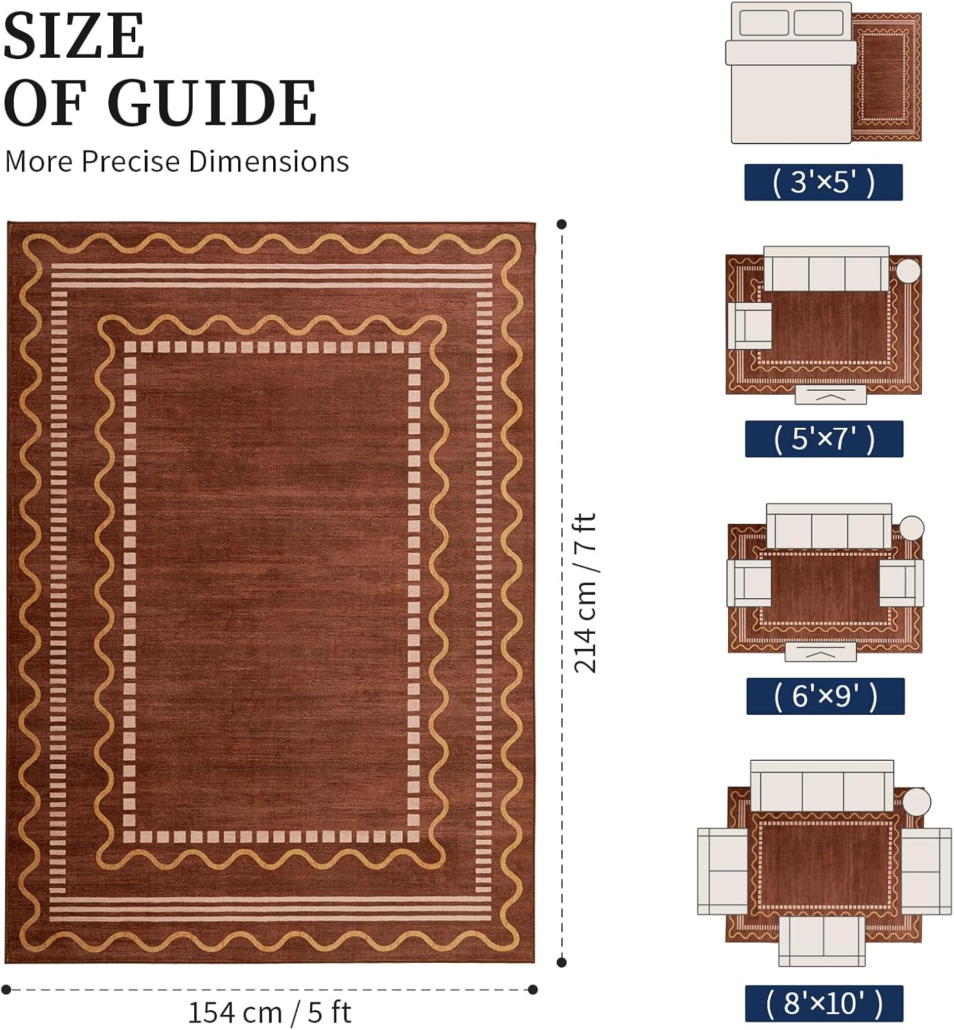 YIHOUSE Burnt Orange Scalloped Bedroom Rugs 5x7, Non-Slip Washable Farmhouse Border Rug for Living Room, Low-Pile Indoor Carpets, Stain-Resistant Vintage Rusty Rugs for Dining Room, Office