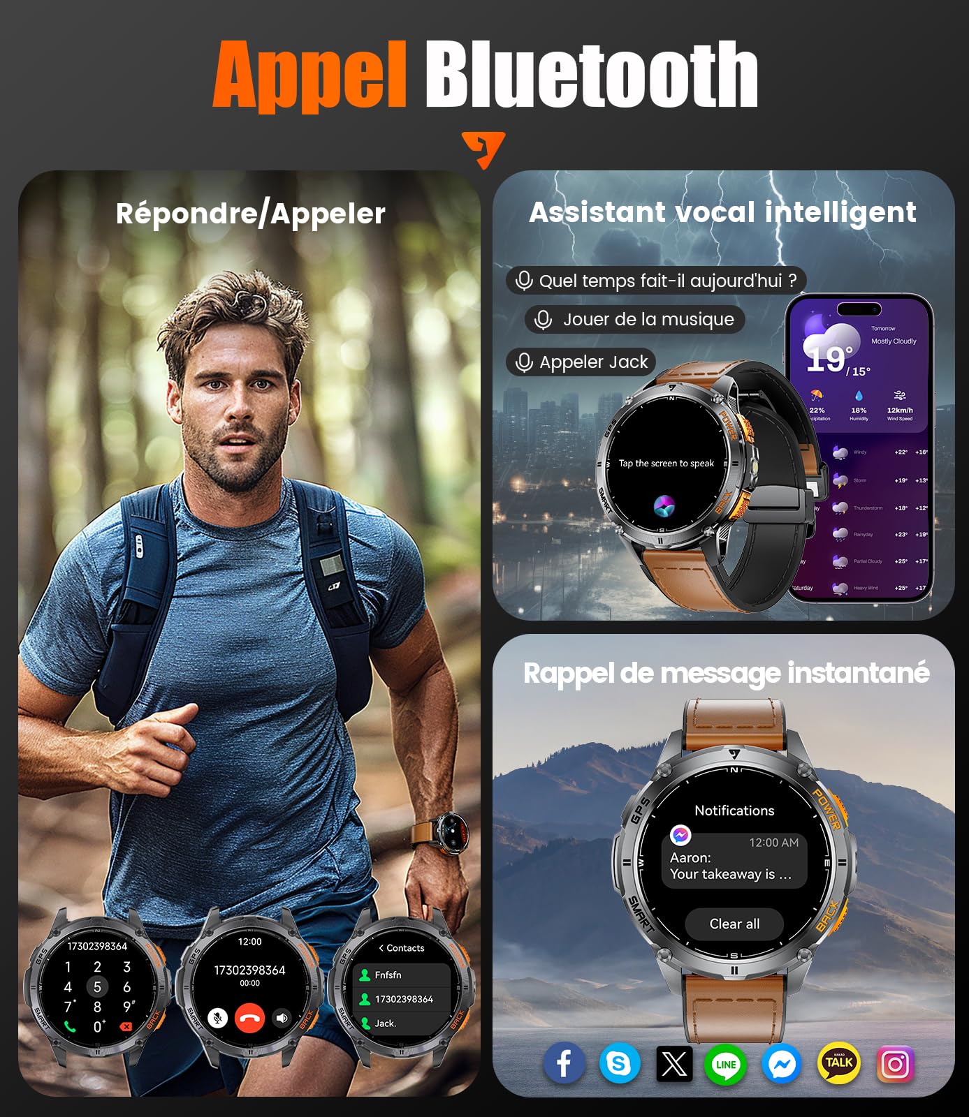 LIGE GPS Montre Connectée Homme avec Appel Bluetooth, 1.43"AMOLED Montre Podometre avec Lampe Poche LED, Batterie 530mAh/110+modes Sportifs/Suivi de la santé/Baromètre/Boussole/Altimètre, Android iOS