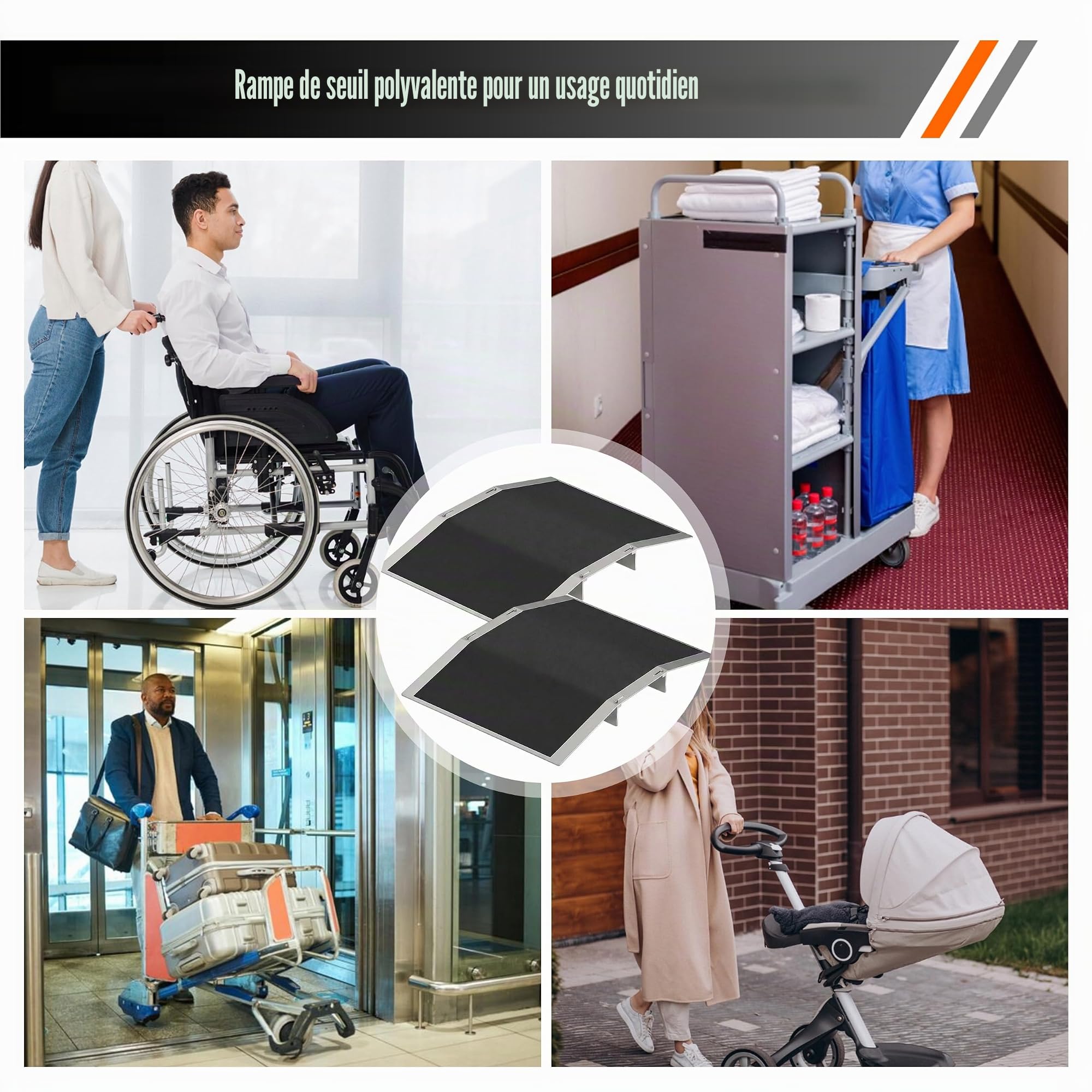 Lot de 2 rampes de seuil de porte - 30 x 43 cm - Rampe de fauteuil roulant réglable en aluminium - Pour passages de porte de 7 à 13 cm de large - Antidérapante - Pour fauteuil roulant, vélo - Charge