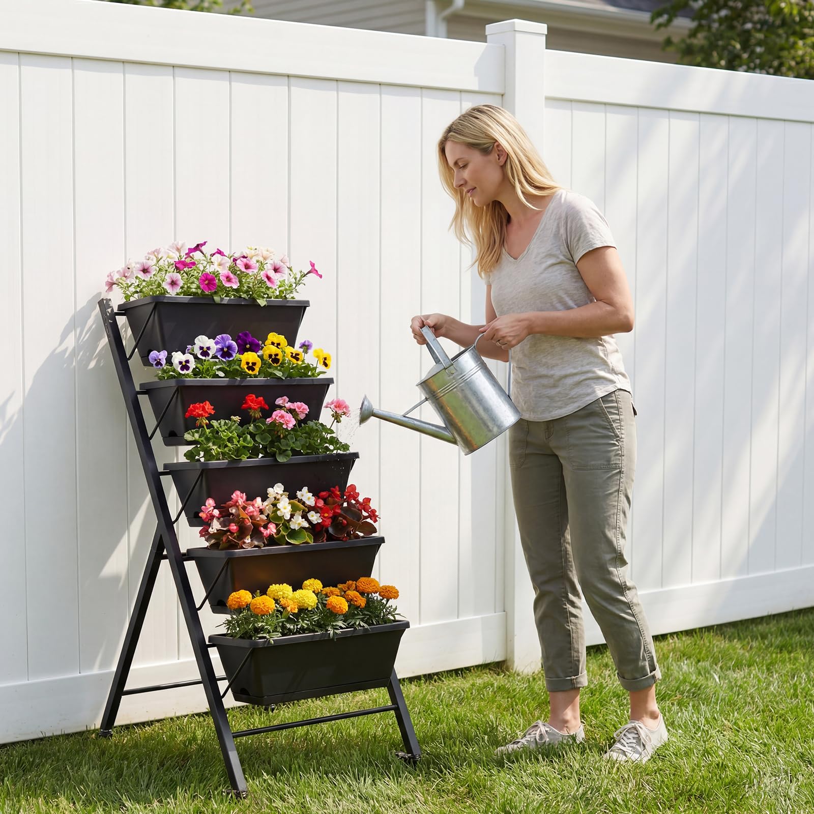 COSTWAY Jardinera Vertical con 5 Macetas, Huerto Urbano Elevado con Ruedas, Estructura de Metal, Orificios de Drenaje, Bandejas Desmotanbles, Jardinera Elevada Exterior, 57 x 68 x 117 cm