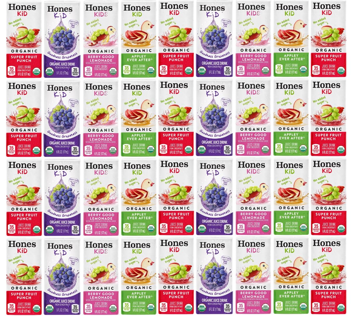 Honest Kid Organic Juice Variety Pack for Kids - Assorted Flavors, 6oz Lunchbox Boxes, 38 Count On-The-Go Drinks