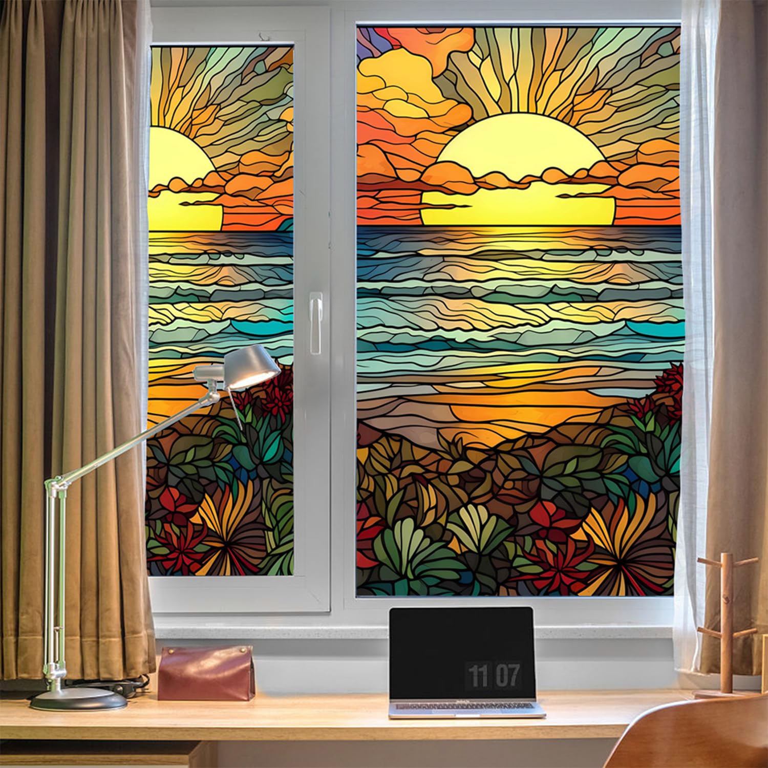 WBQMUNY Sunrise Painted Frosted Static Cling Decorative Window Film,Non Adhesive Privacy Film,Stained Glass Window Film for Bathroom Shower Door Heat Anti UV 17.7