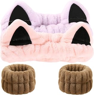 Spa Headband and Wristband Set, Skincare Makeup Headbands for Women Girl | Cute Cat Ears Headbands Soft Coral Fleece Headband for Washing Face Hair Accessories