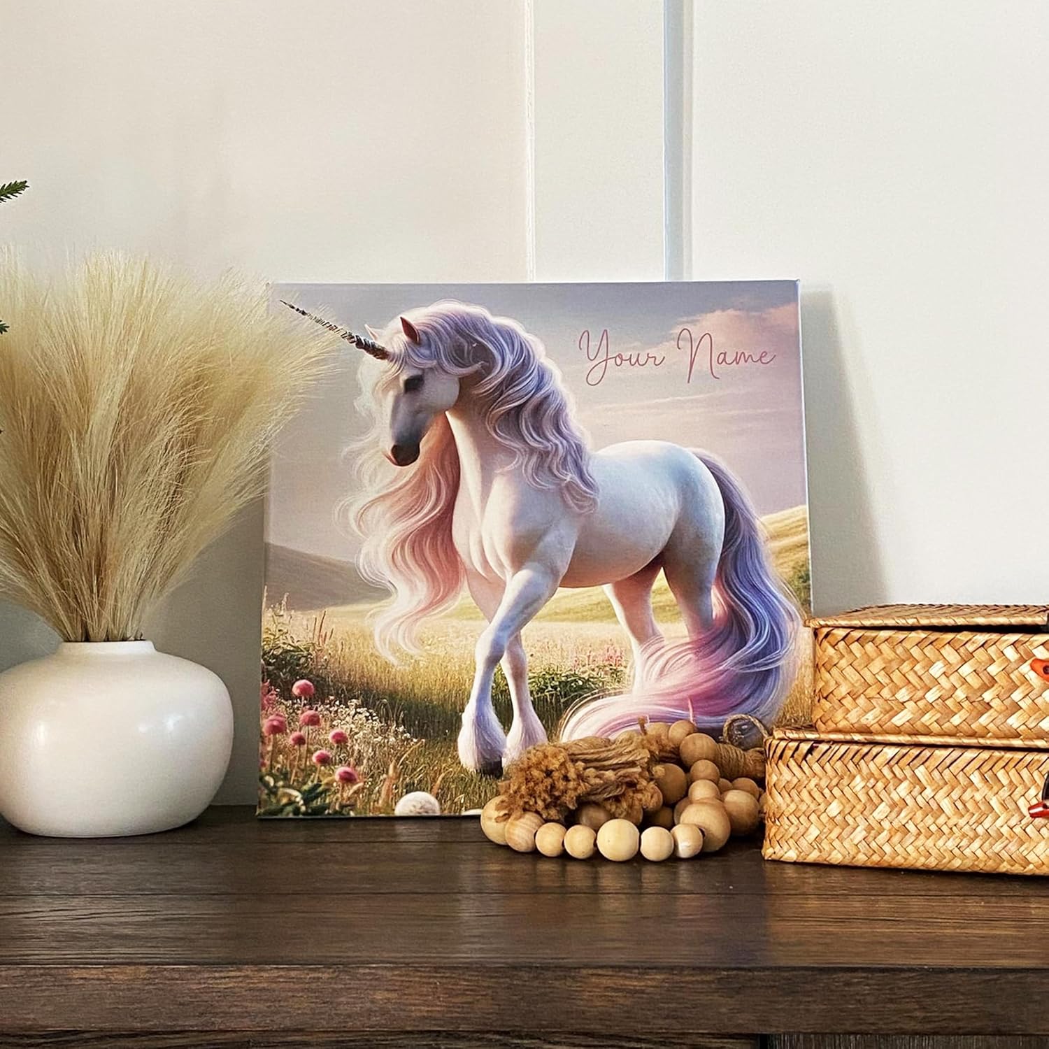 Customizable Unicorn Canvas Wall Art – Personalized Name Sign for Girls’ Room – Cute Majestic Unicorn with Pastel Flowers – Perfect Nursery Decor, Fairy Tale, Princess & Magical Theme Wall Art (14x14 inch)