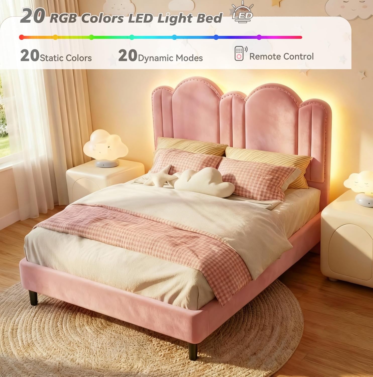 EnHomee Queen Bed Frame with Headboard and LED Lights, Velvet Pink Queen Size Bed Framewith Wooden Slats, Noise Free, No Box Spring Needed
