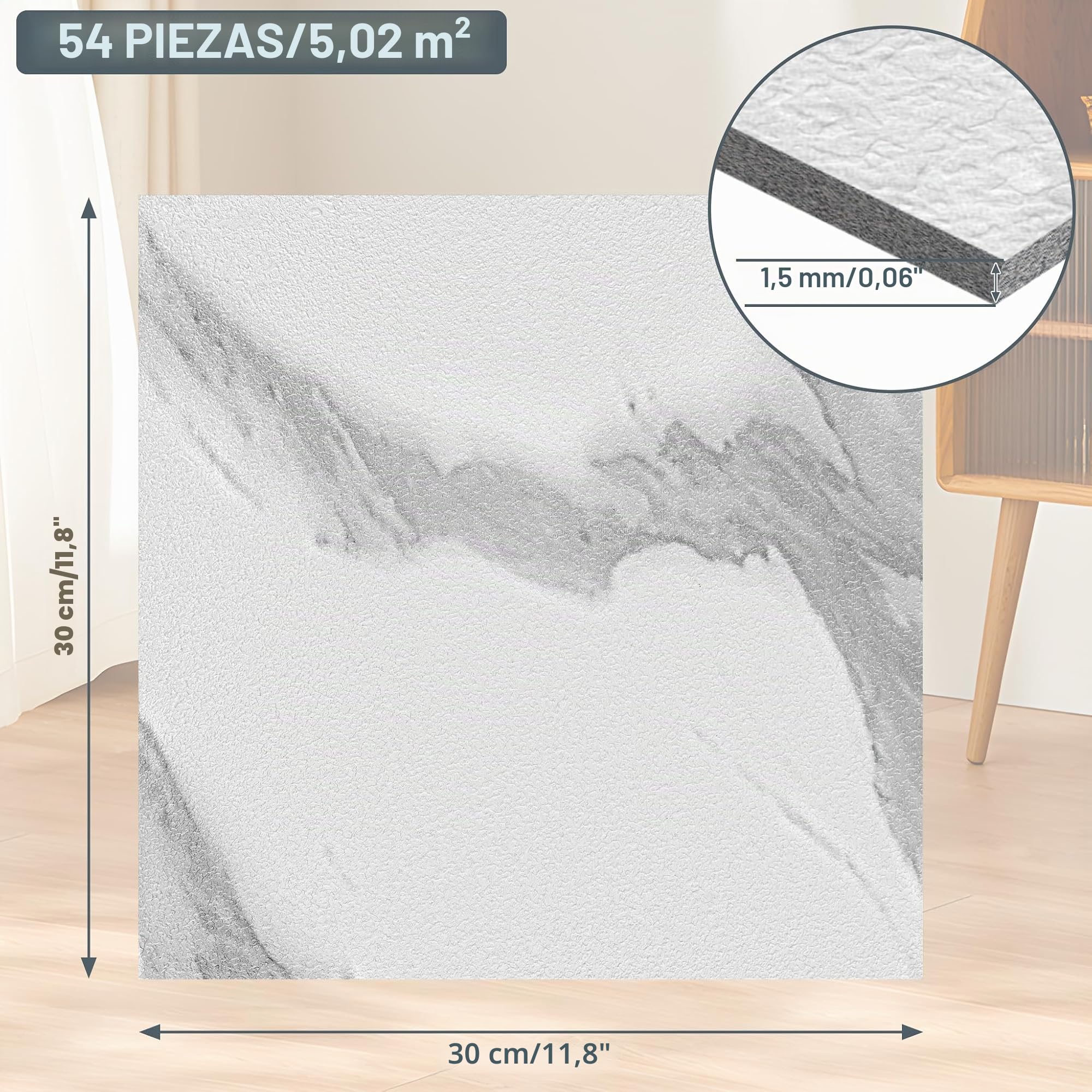 LZQ Revestimiento de suelo de PVC autoadhesivo, 30×30cm, 54 piezas, 5,02m², azulejos de vinilo, adhesivo para suelo, antideslizante, resistente al desgaste y al agua, para salón y cocina, modelo C