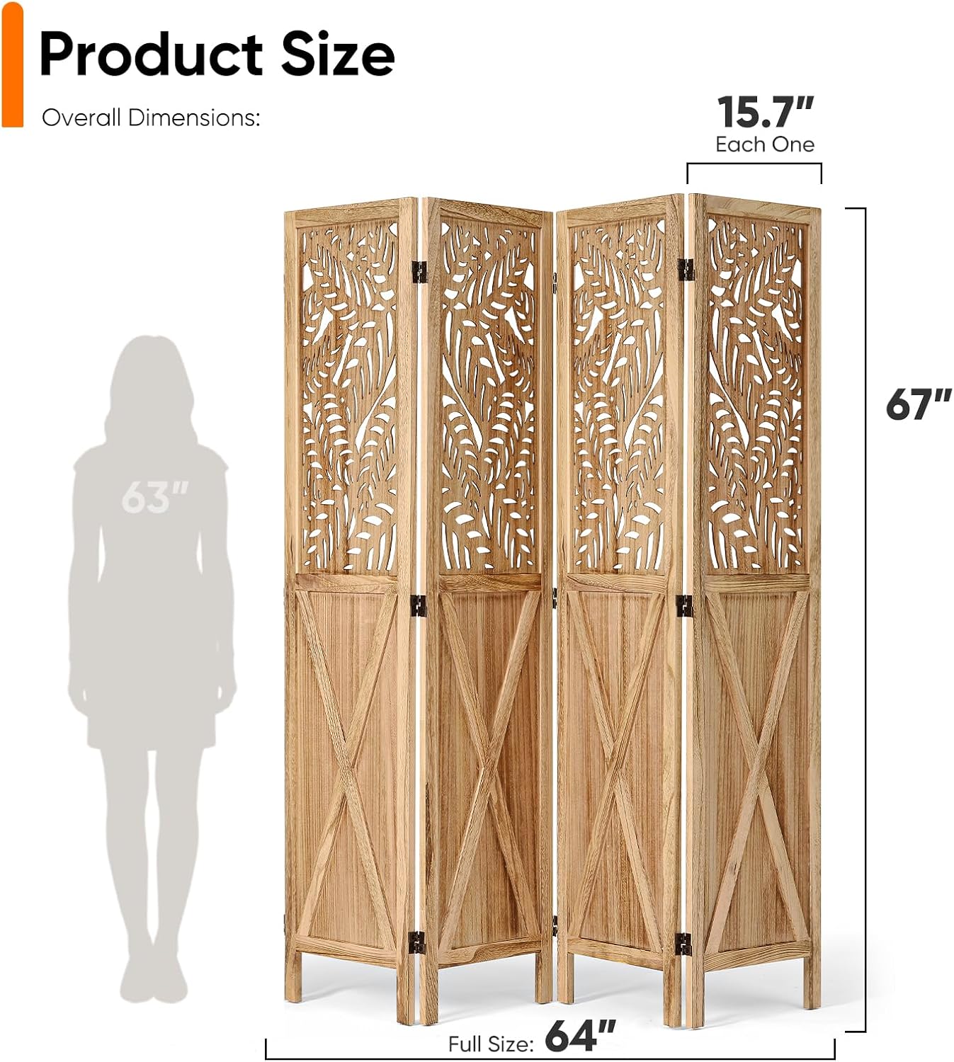 Boho Room Divider with Leaves Carving, 4/6-Panel Openwork Wood Screen