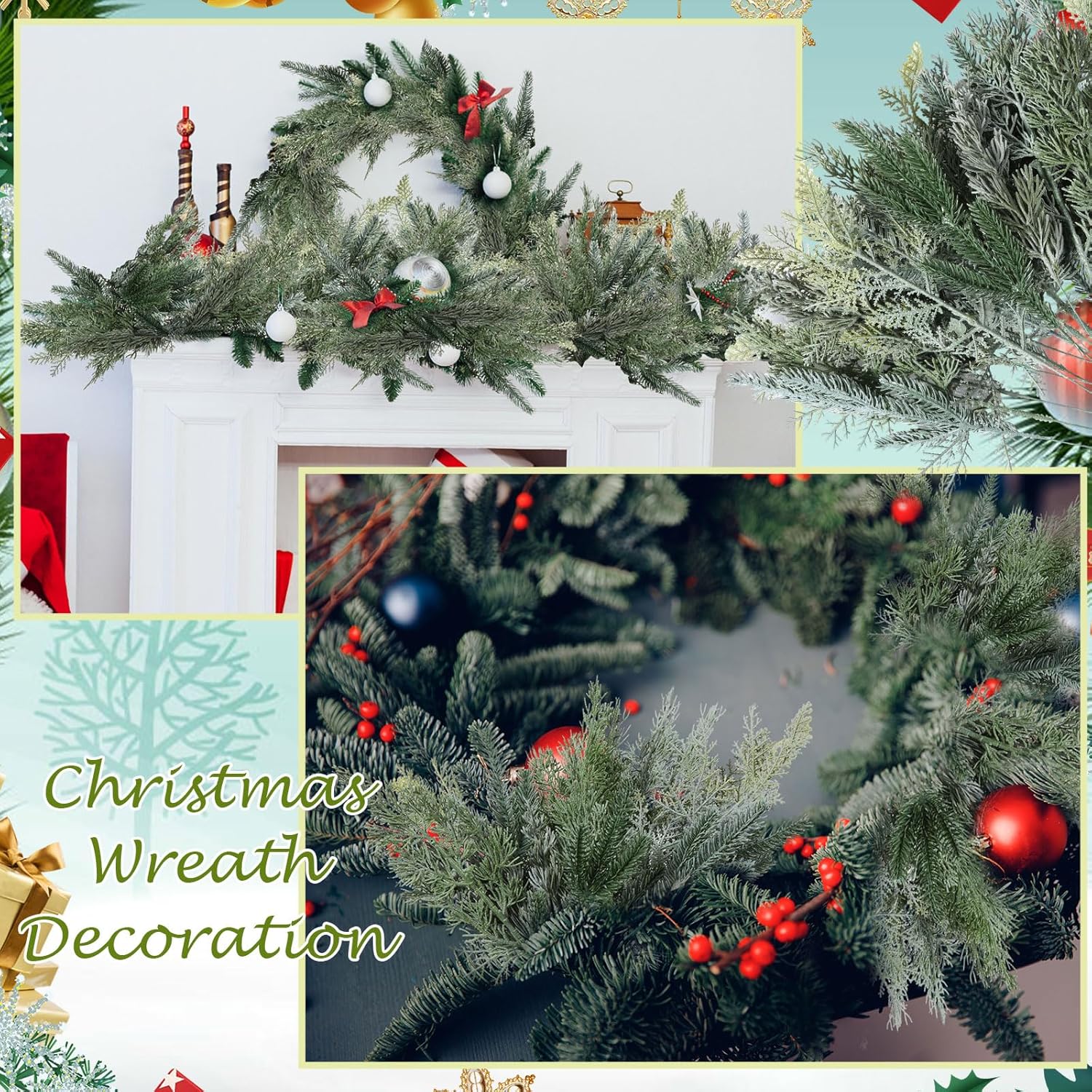 Lyrow 80 Pcs Christmas Artificial Pine 4 Styles Snowy Artificial Pine Branches Faux Leaves Needle Plastic Pine Fake Greenery Pick Greenery Christmas Tree for DIY Christmas Wreaths Home Decoration