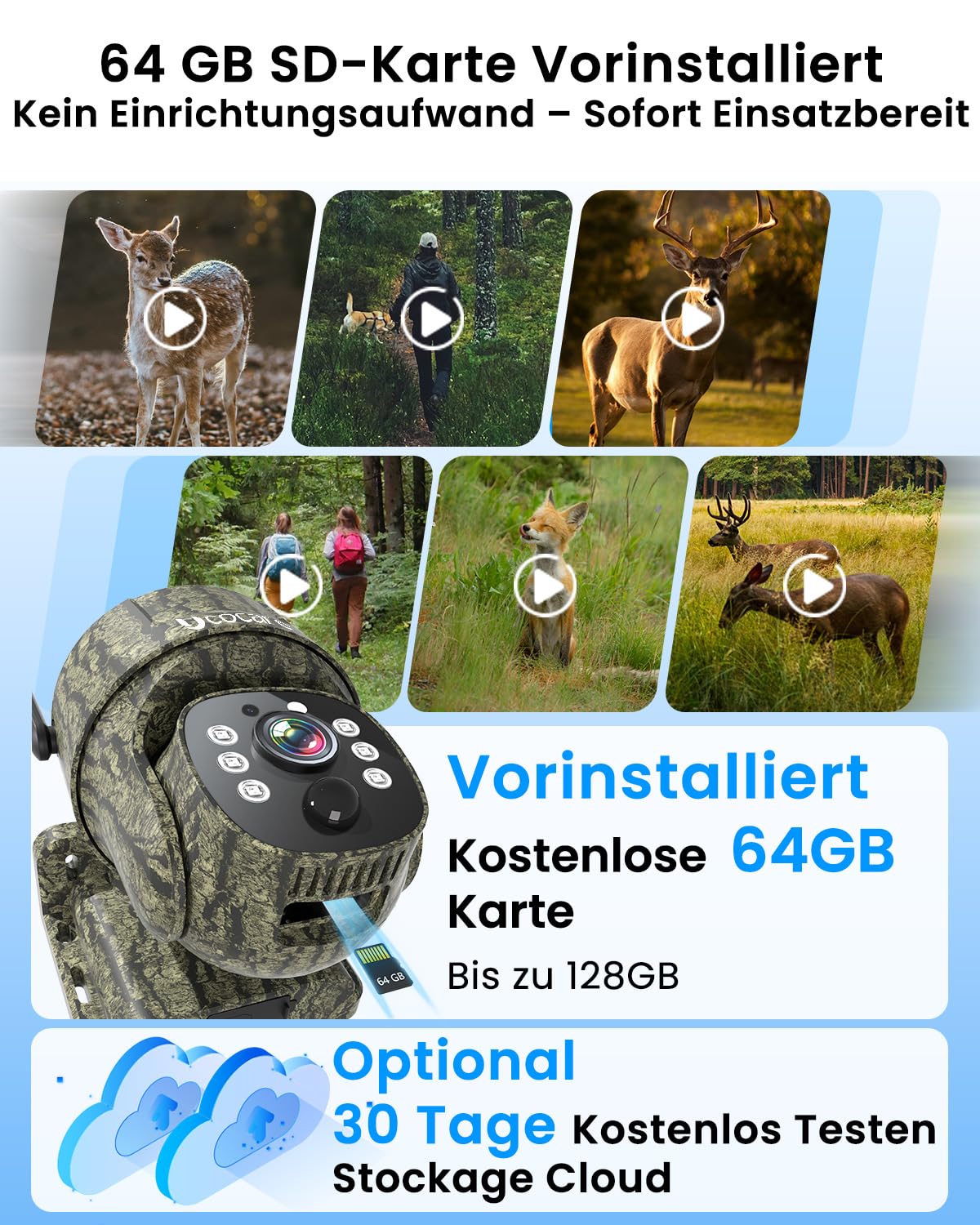UCOCARE 4MP Wildkamera mit SIM-Karte 4G LTE Solar Überwachungskamera Outdoor 15000mAh 8W Solarpanel KI-Bewegungserkennung Tracking Farbnachtsicht