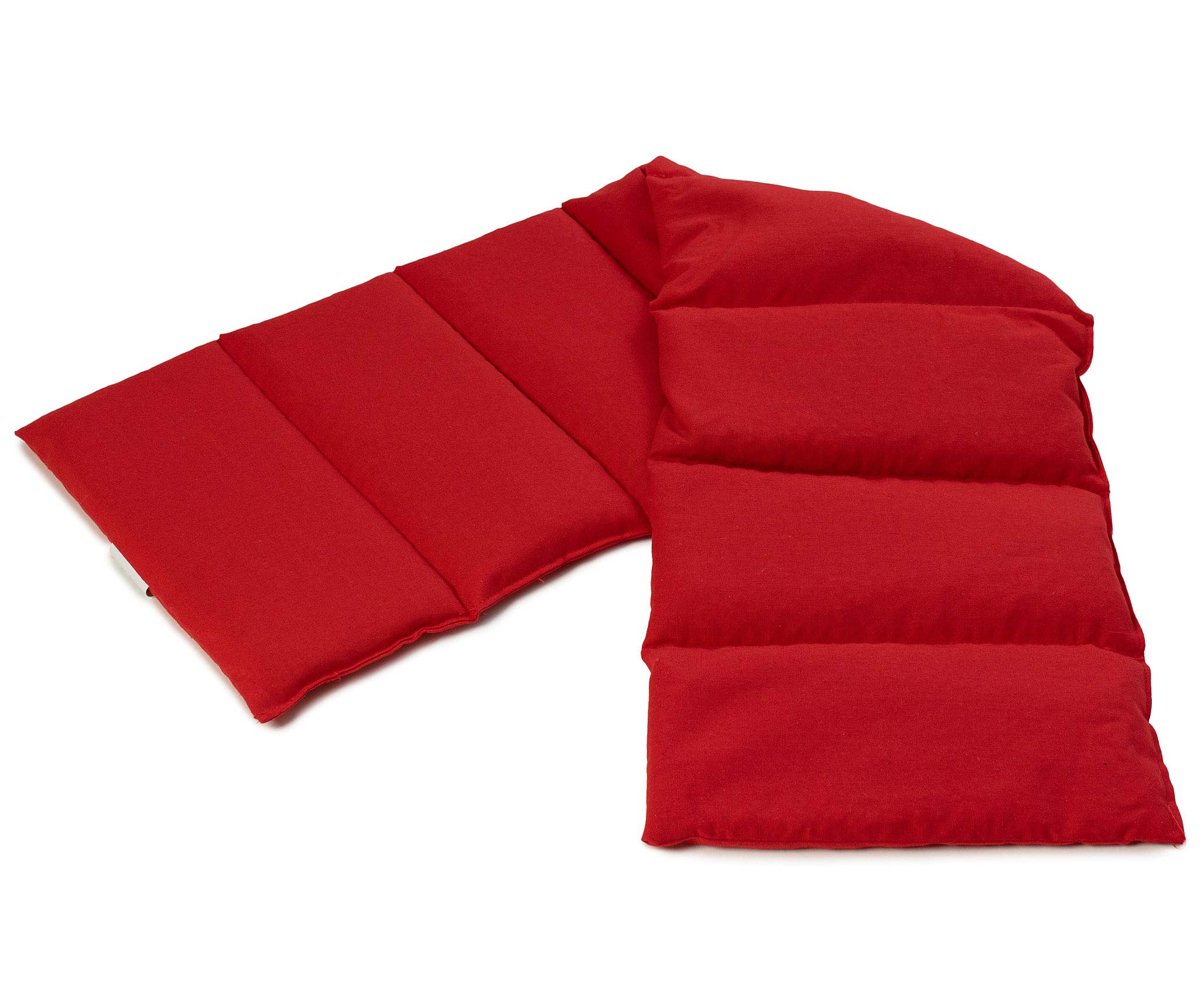 Cuscino termico - Cuscino con semi di lino, 75x20cm. Cuscino termico per la schiena, il ventre e molto altro. (Cotone Bio rosso, diviso en 8 compartimenti)