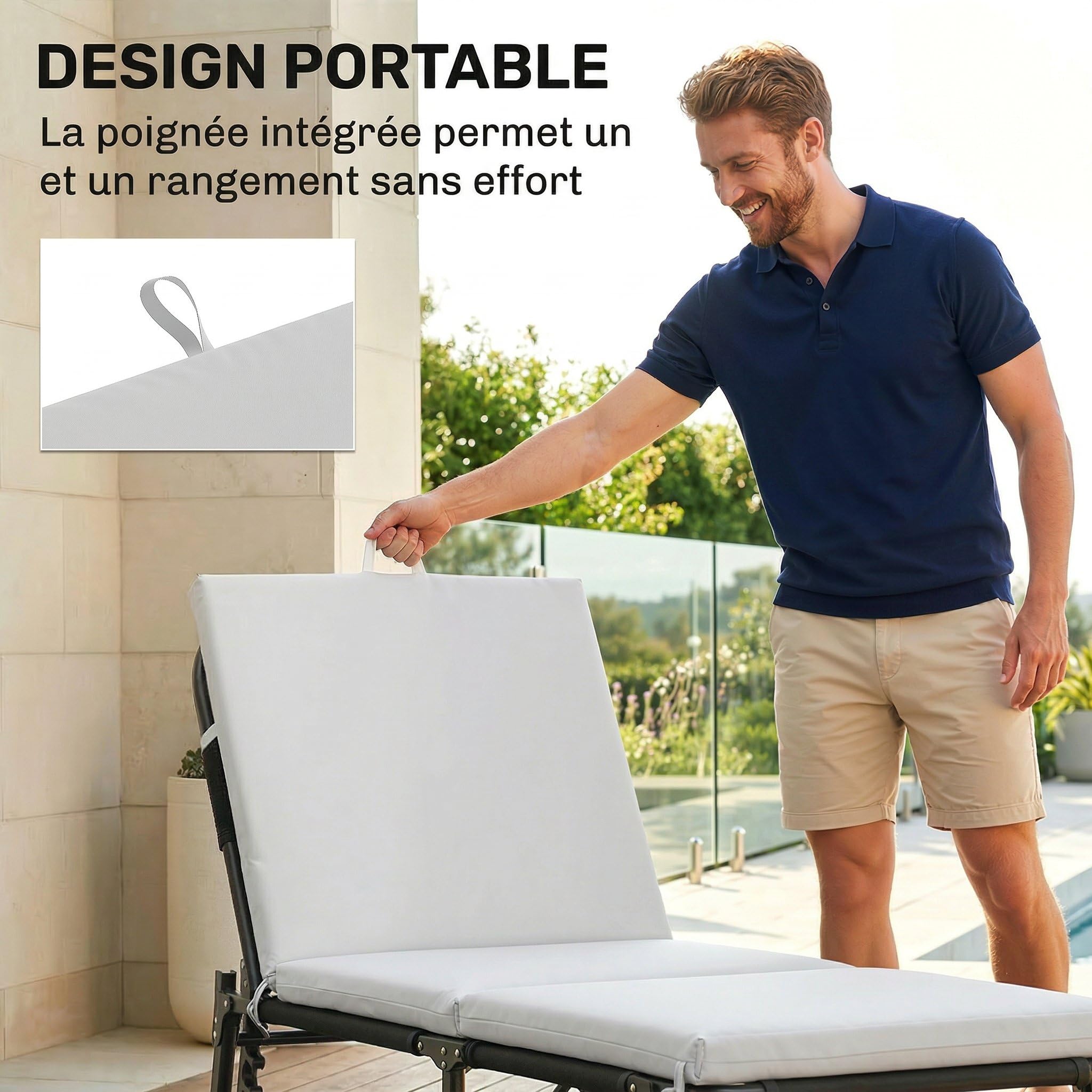 Outsunny Lot de 2 Coussins de Chaise Longue avec 5 Sangles et Poignée Intégrée, Coussin Bain de Soleil Déperlant Extérieur pour Plage Balcon Jardin, 182x53x6cm, Gris Clair