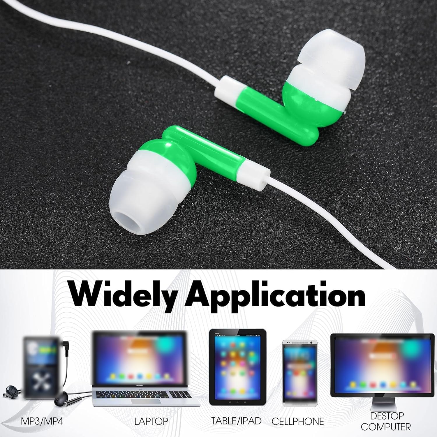 Lot de 100 écouteurs intra-auriculaires de 3,5 mm emballés individuellement avec fil pour étudiants, écoles adultes, hôpitaux, hôtels, bibliothèques, musées, cadeau MP3 (vert)