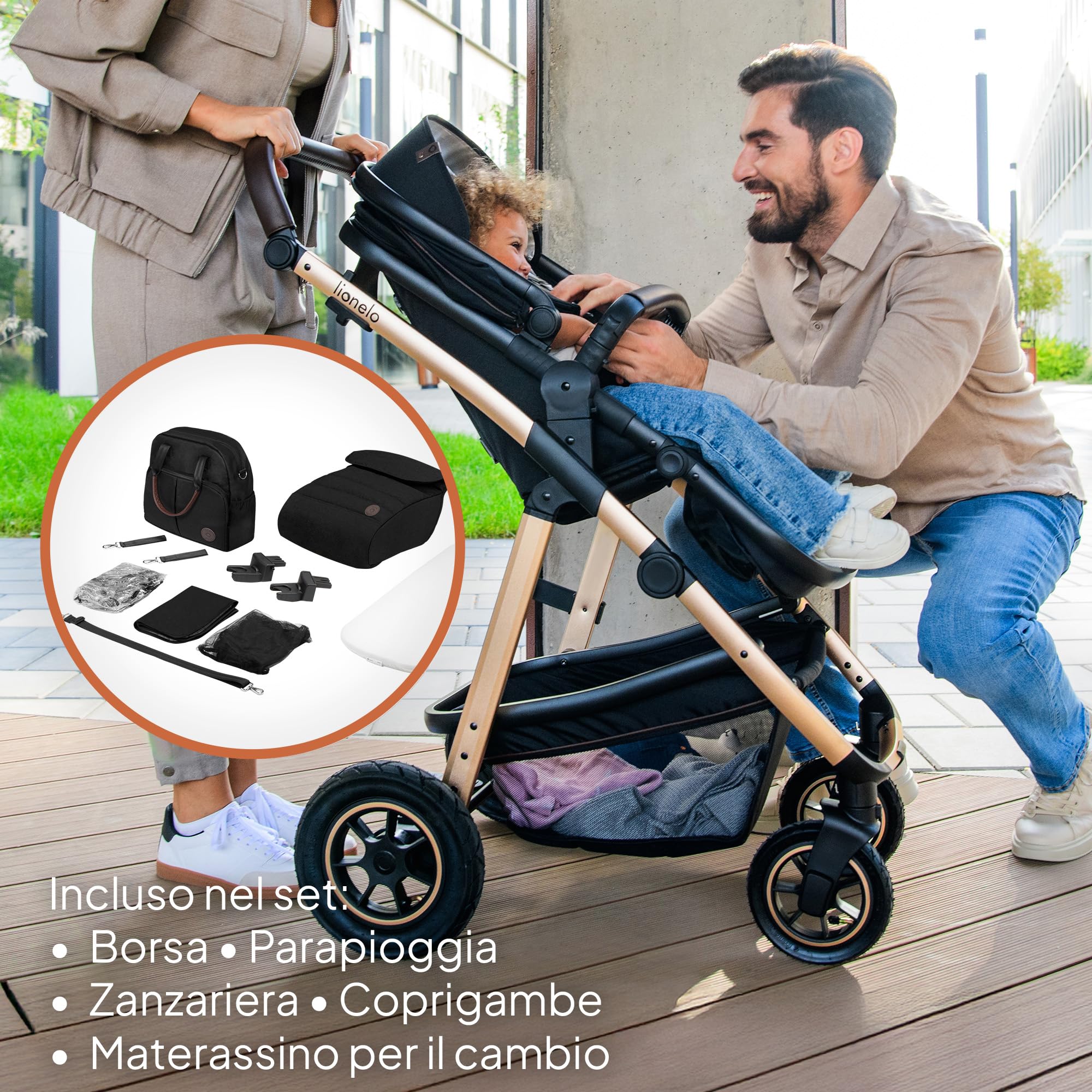 LIONELO Amber Passeggino Trio 3 in 1 da 0 a 48 Mesi fino a 22 kg | Set Passeggino + Navicella + Ovetto per Neonati e Bambini, Regolabile e Pieghevole, Ruote Grandi, Cappottina XXL