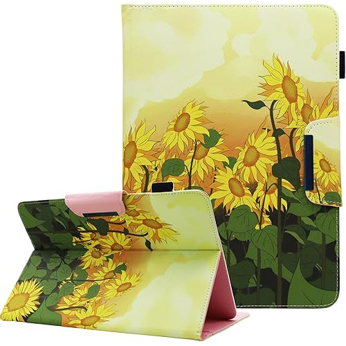 Universal 10 10.1 Inch Android Tablet Case, Multi-Angle Viewing Stand PU Leather Wallet Tablet Case for 9 10 10.1 Inch and More 9.0" - 10.5" Tablet, Sunflower
