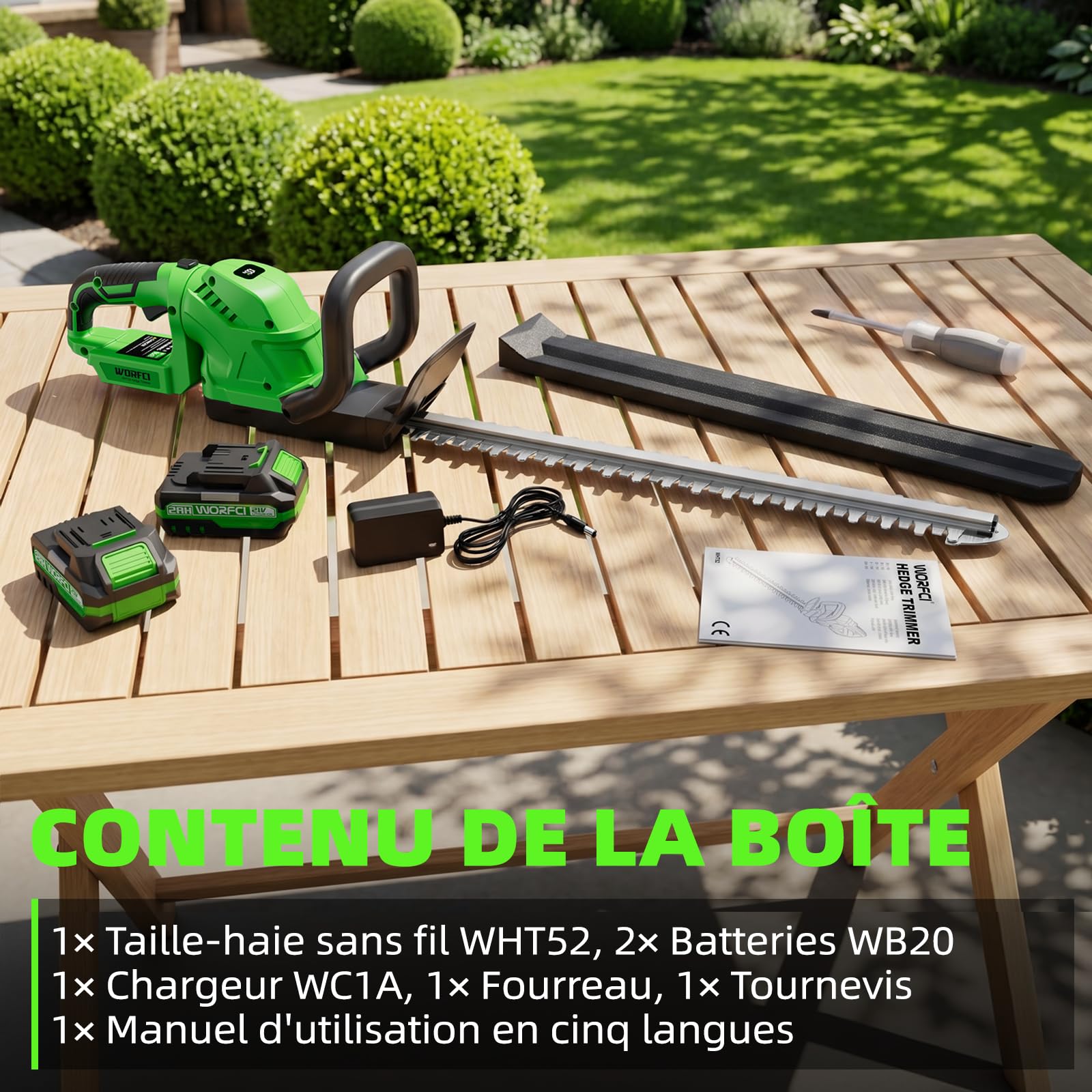 Taille-haie sans Fil de 50,8 cm (Comprend 2 Batteries et Chargeur), Taille-haie électrique à Main, poignée rotative à 180°, Taille-arbuste, léger et Compact, Vert